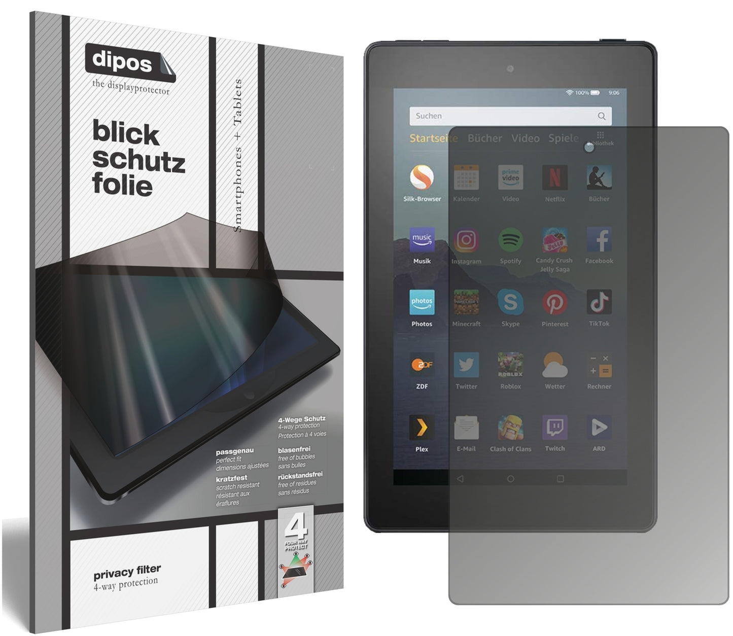 Blickschutzfolie von dipos passend für Amazon Fire 7 Tablet Kids Edition (2019), präziser Zuschnitt und blasenfrei montiert