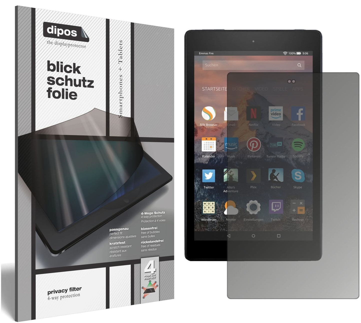 Blickschutzfolie von dipos passend für Amazon Fire HD 8 (2020), präziser Zuschnitt und blasenfrei montiert
