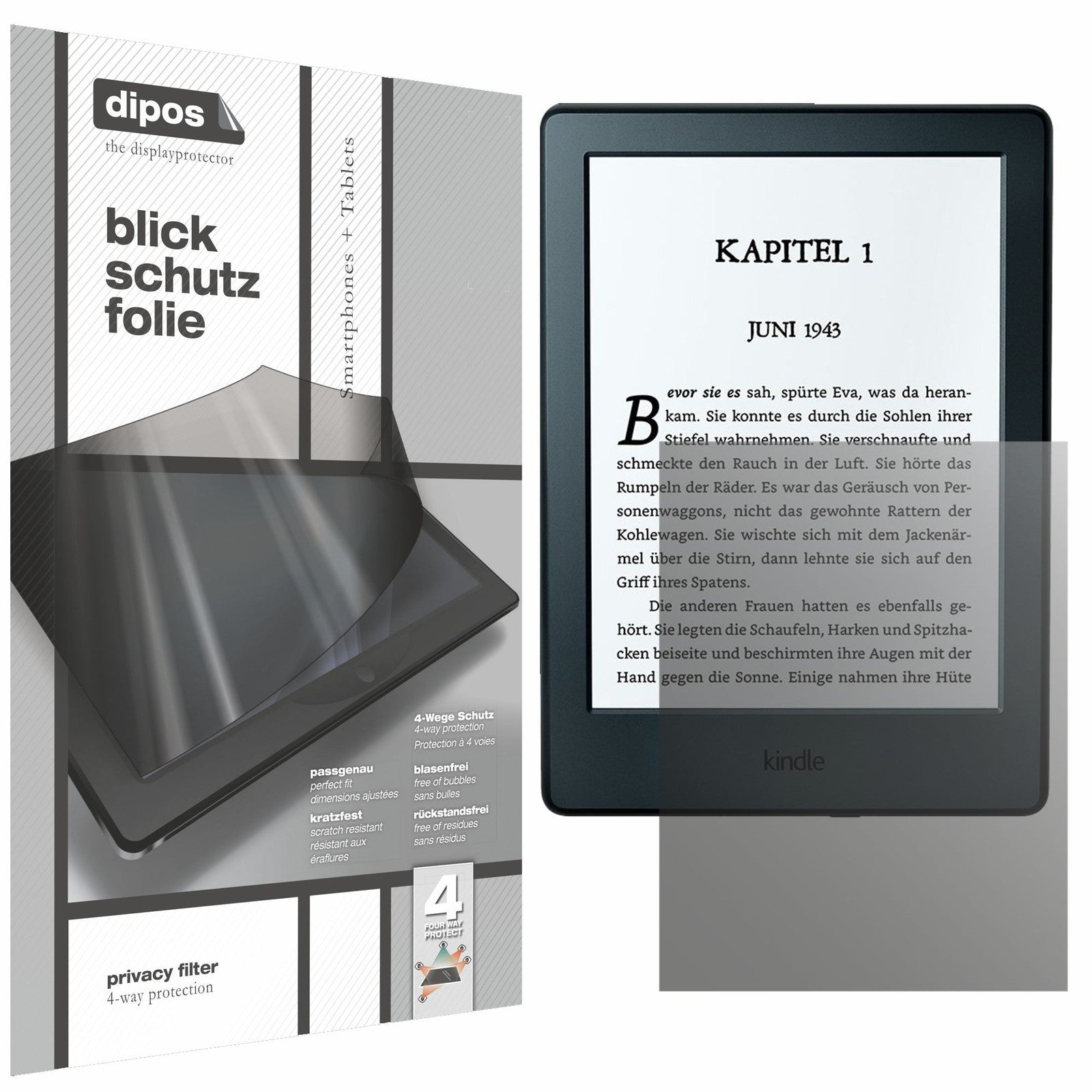 Blickschutzfolie von dipos passend für Amazon Kinde eReader (2016), präziser Zuschnitt und blasenfrei montiert