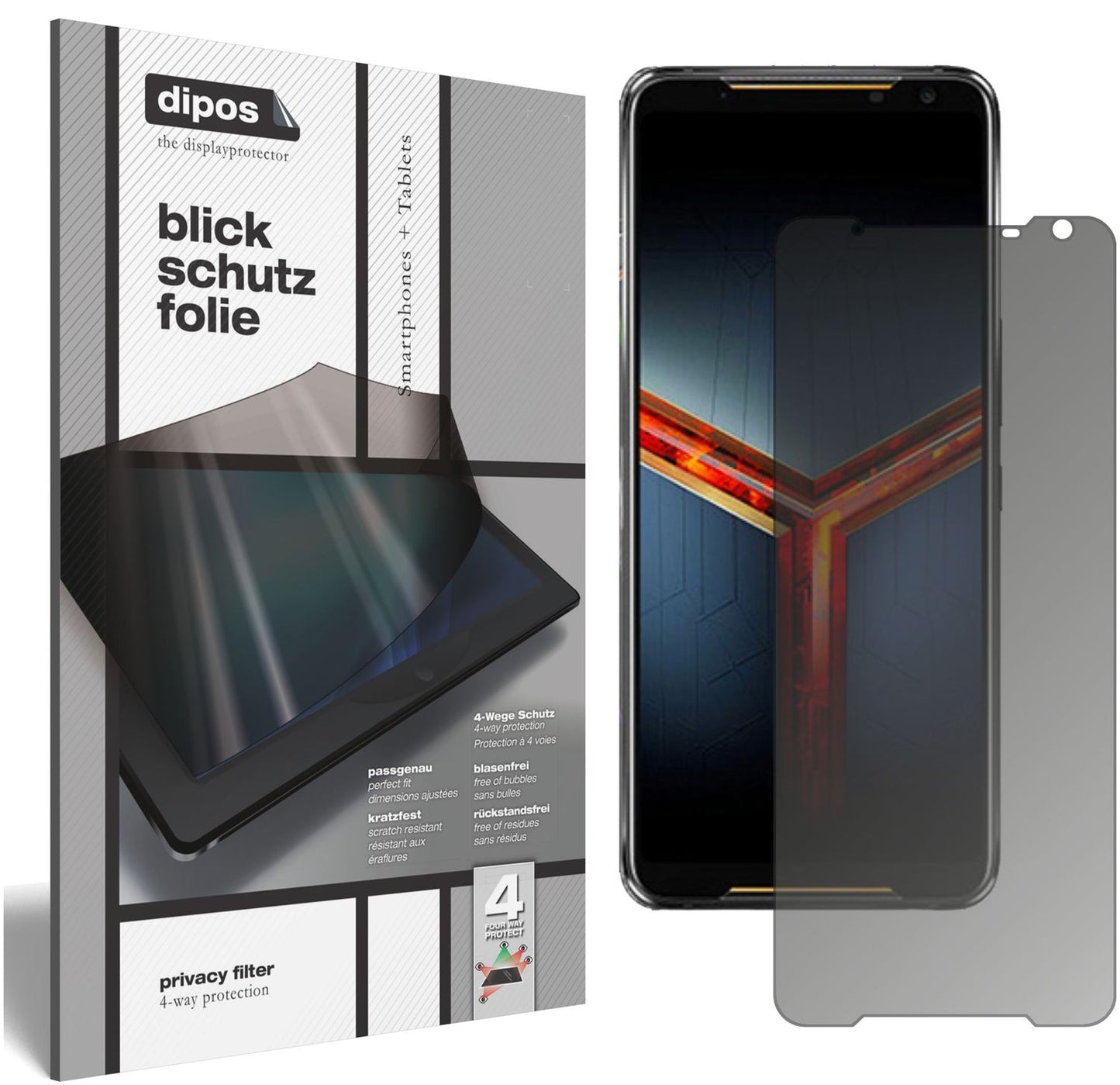 Blickschutzfolie von dipos passend für Asus ROG Phone 2, präziser Zuschnitt und blasenfrei montiert