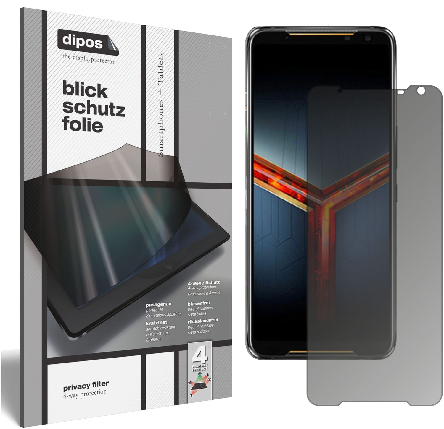 Blickschutzfolie von dipos passend für Asus ROG Phone 2, präziser Zuschnitt und blasenfrei montiert