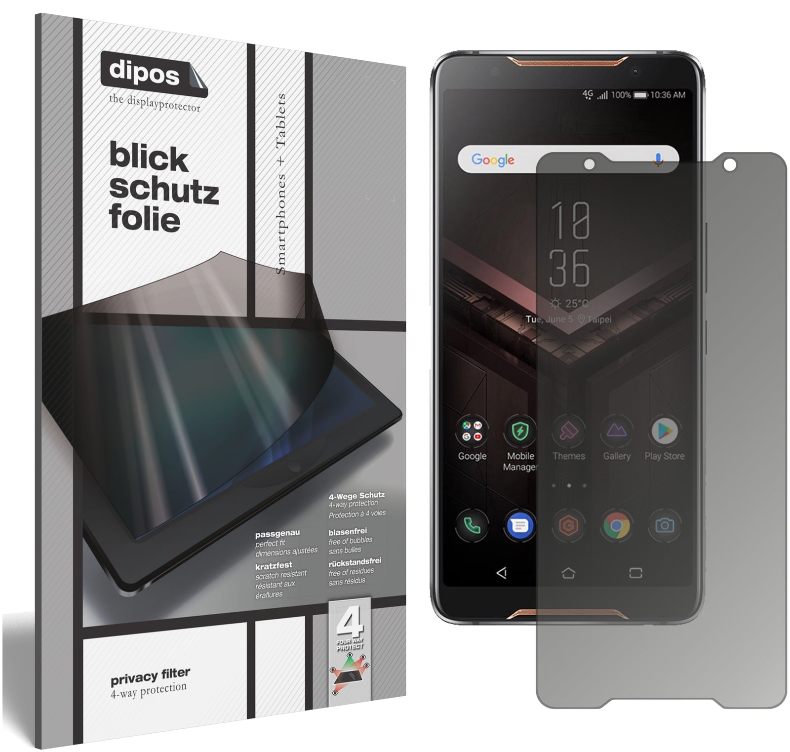 Blickschutzfolie von dipos passend für Asus ROG Phone, präziser Zuschnitt und blasenfrei montiert
