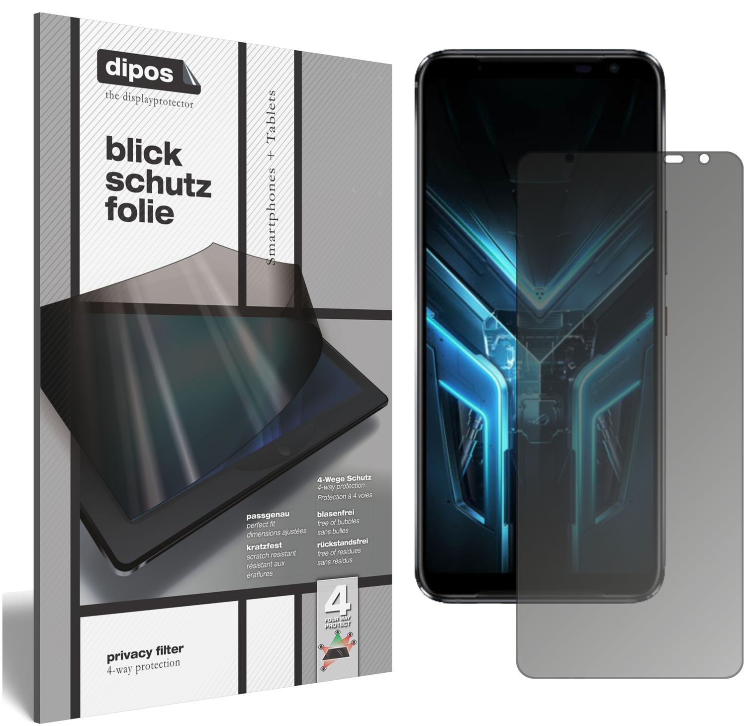 Blickschutzfolie von dipos passend für Asus ROG Phone 3, präziser Zuschnitt und blasenfrei montiert