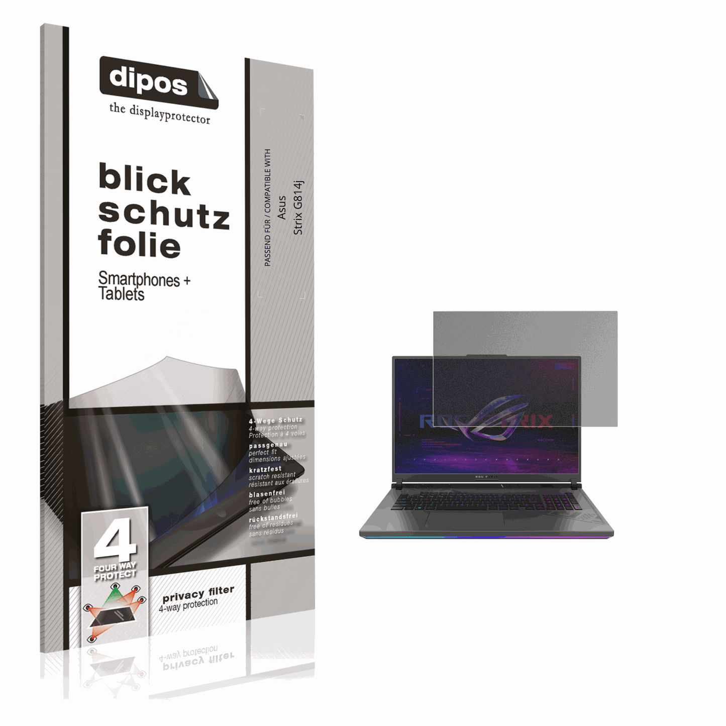 Blickschutzfolie von dipos passend für Asus Strix G814j, präziser Zuschnitt und blasenfrei montiert