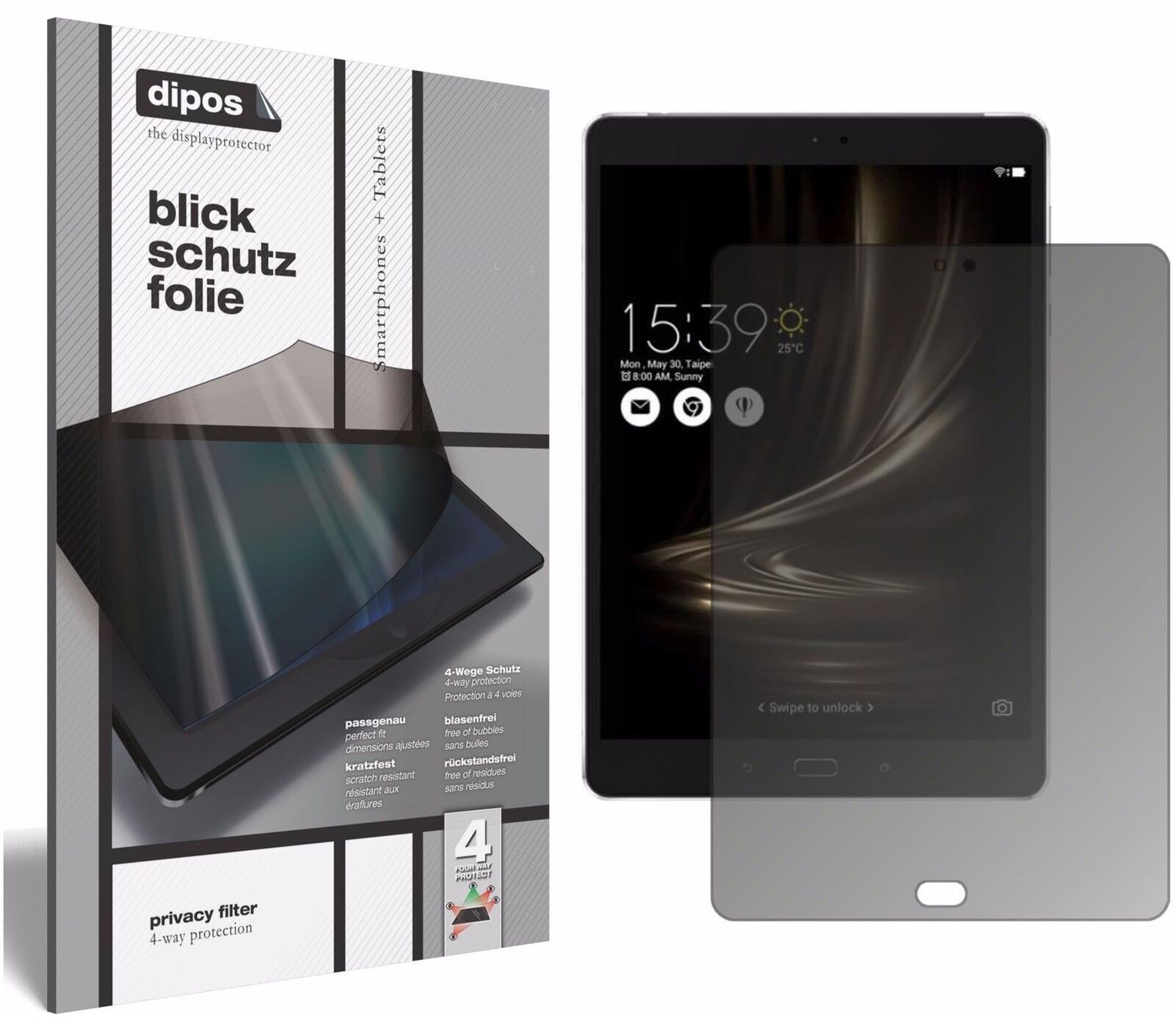 Blickschutzfolie von dipos passend für Asus ZenPad 3S 10 LTE (2017 / Z500KL), präziser Zuschnitt und blasenfrei montiert