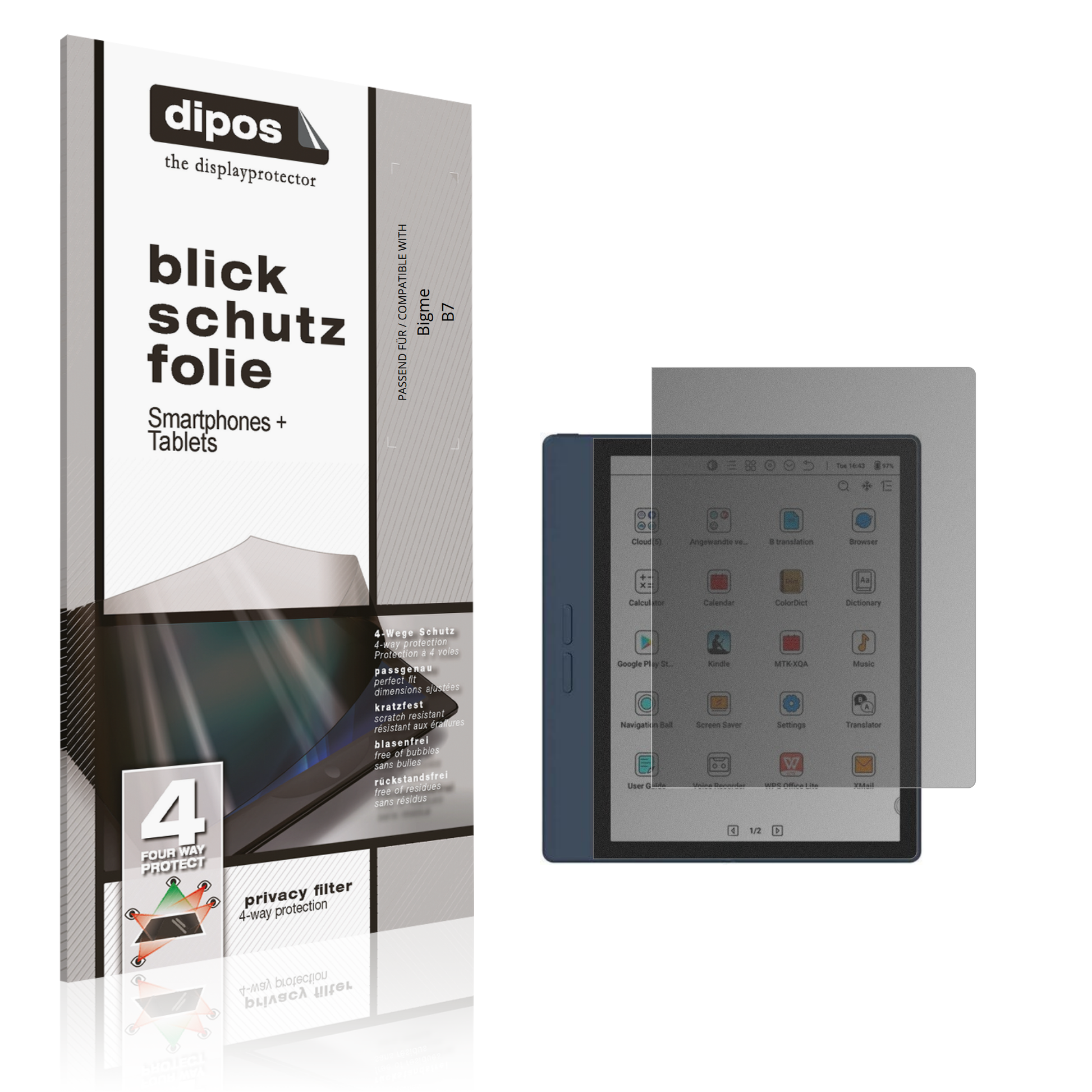 Blickschutzfolie von dipos passend für Bigme B7, präziser Zuschnitt und blasenfrei montiert