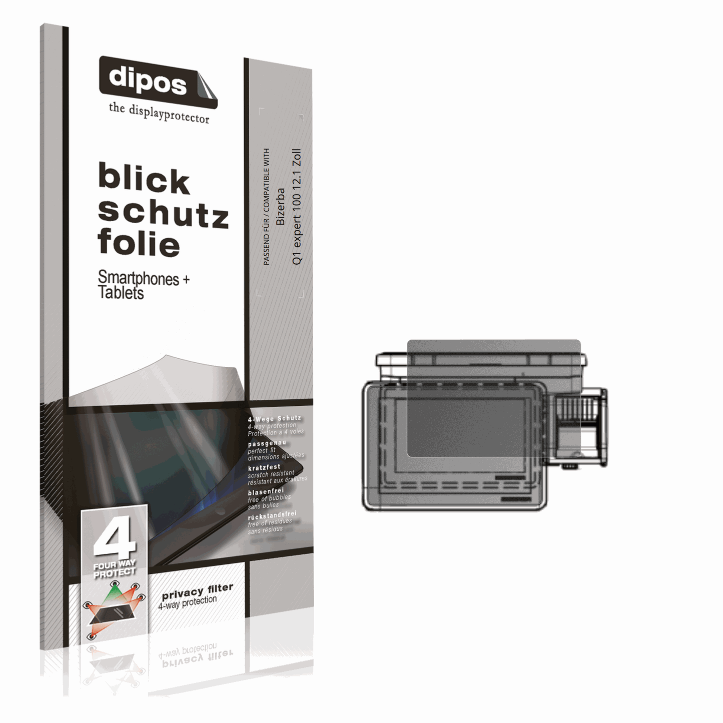 Blickschutzfolie von dipos passend für Bizerba Q1 expert 100 12.1 Zoll, präziser Zuschnitt und blasenfrei montiert