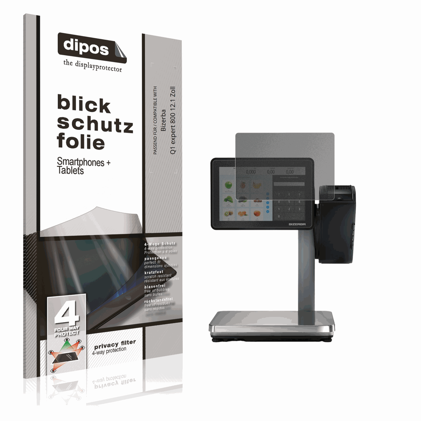 Blickschutzfolie von dipos passend für Bizerba Q1 expert 800 12.1 Zoll, präziser Zuschnitt und blasenfrei montiert