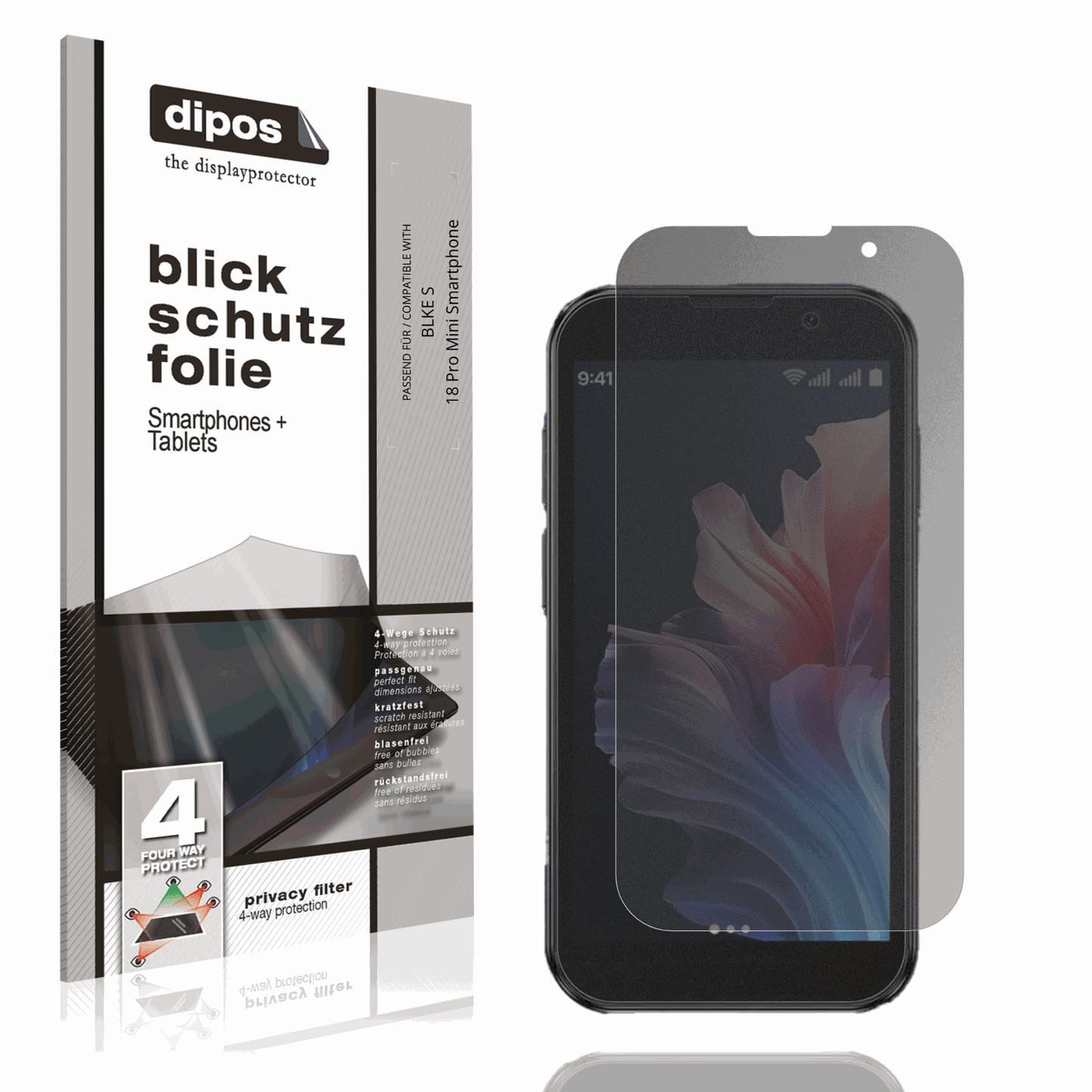 Blickschutzfolie von dipos passend für BLKE S 18 Pro Mini Smartphone, präziser Zuschnitt und blasenfrei montiert