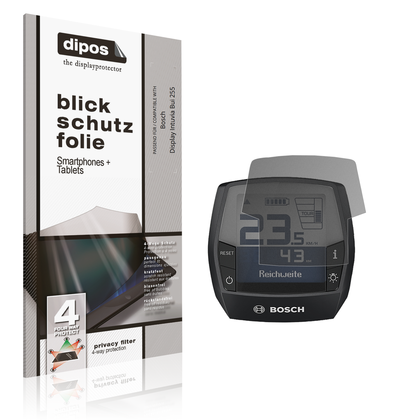 Blickschutzfolie von dipos passend für Bosch Display Intuvia Bui 255, präziser Zuschnitt und blasenfrei montiert
