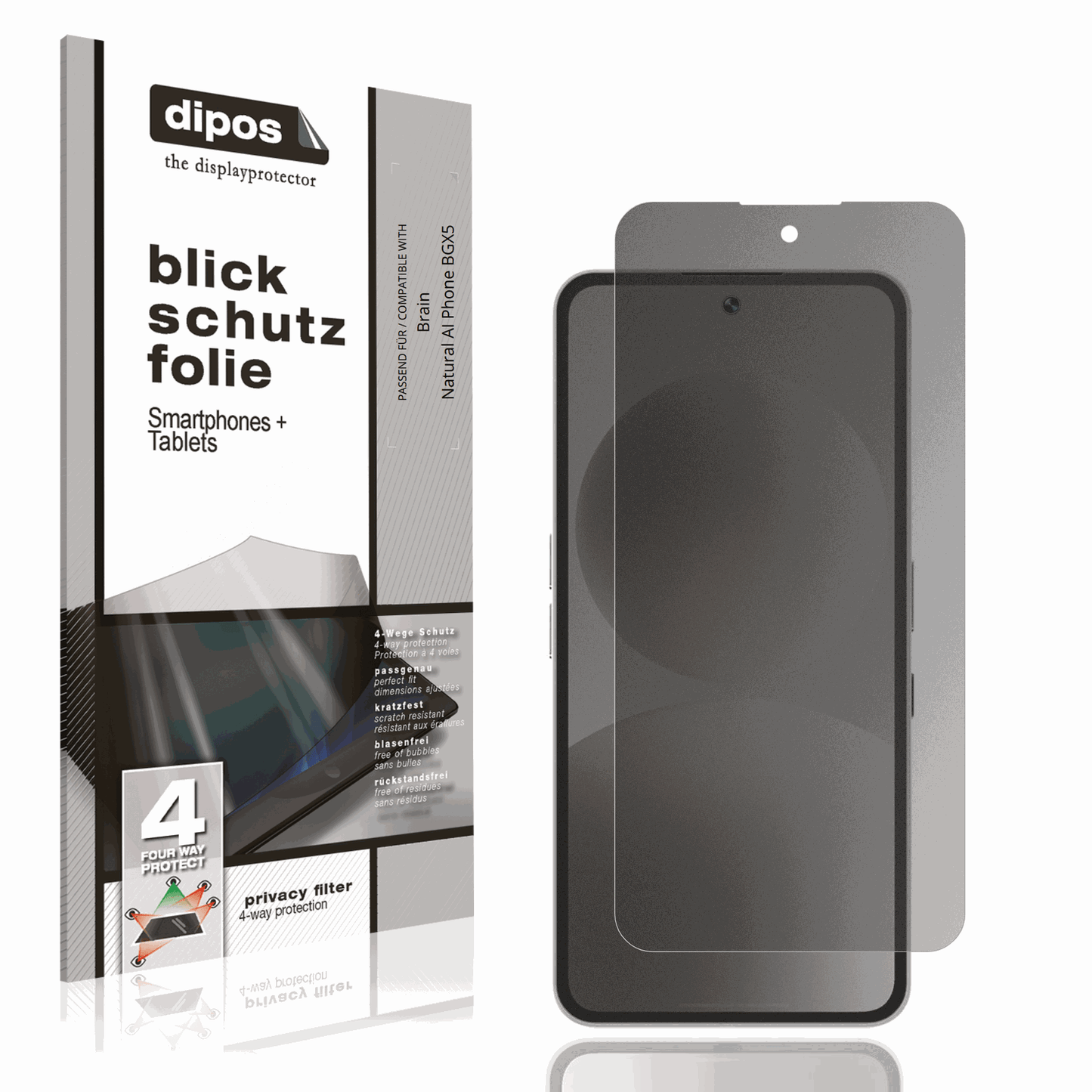 Blickschutzfolie von dipos passend für Brain Natural AI Phone BGX5, präziser Zuschnitt und blasenfrei montiert
