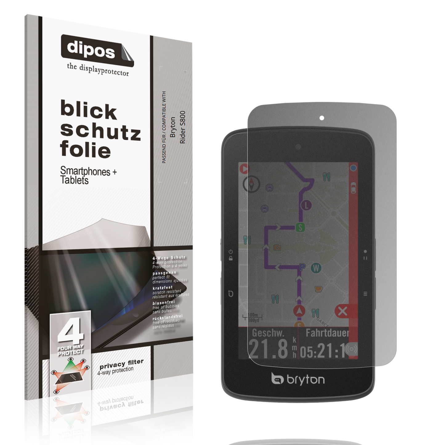 Blickschutzfolie von dipos passend für Bryton Rider S800, präziser Zuschnitt und blasenfrei montiert