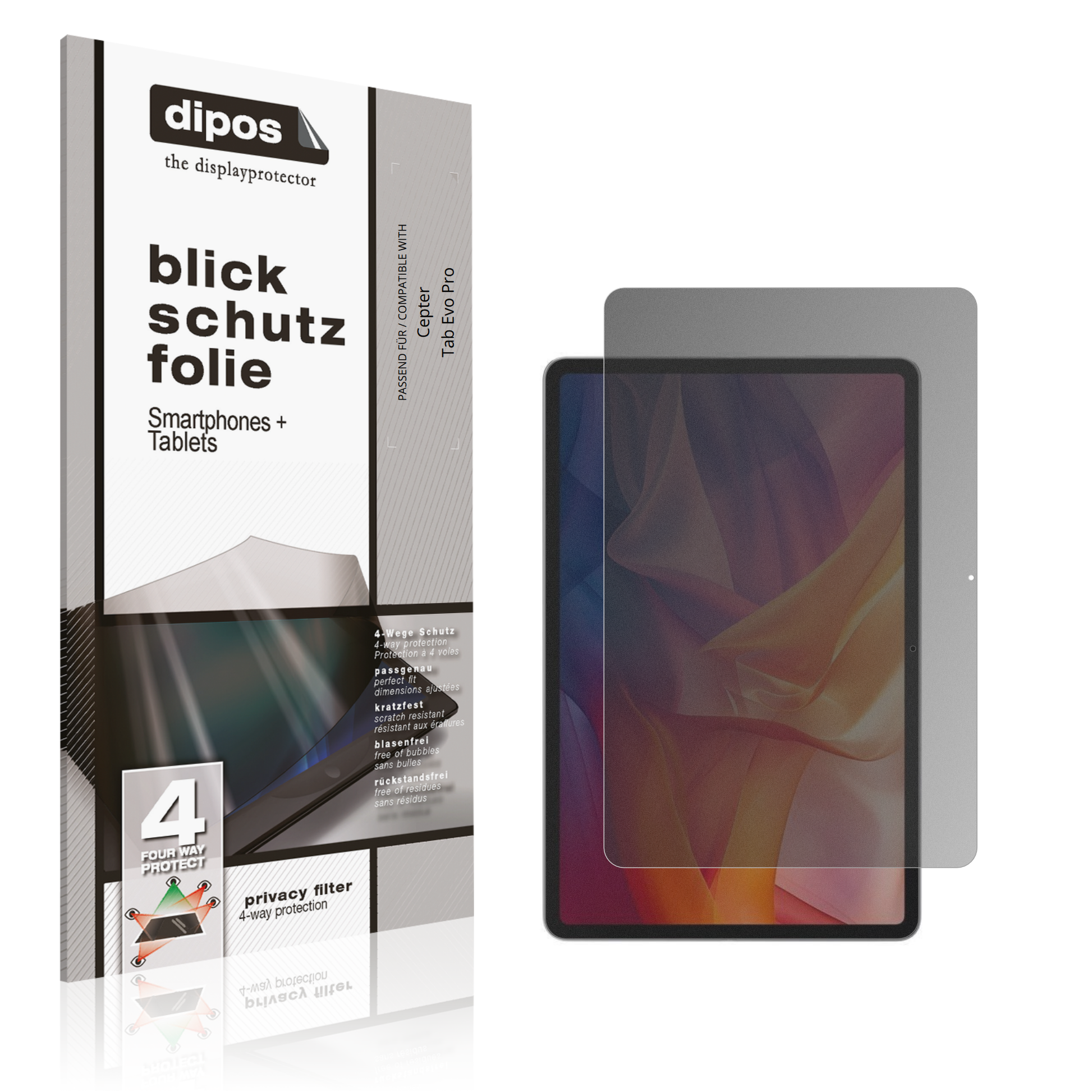 Blickschutzfolie von dipos passend für Cepter Tab Evo Pro, präziser Zuschnitt und blasenfrei montiert