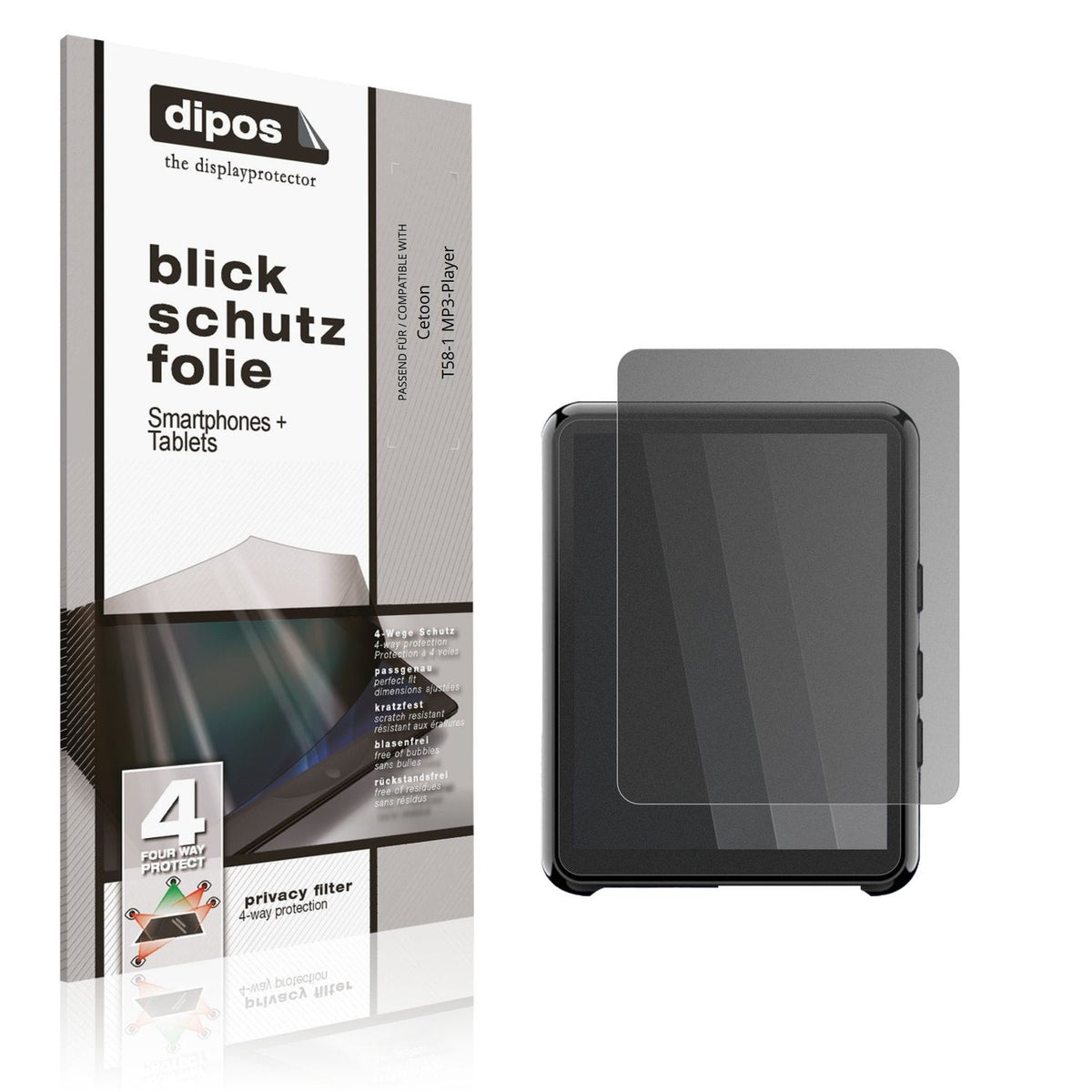 Blickschutzfolie von dipos passend für Cetoon T58-1 MP3-Player, präziser Zuschnitt und blasenfrei montiert