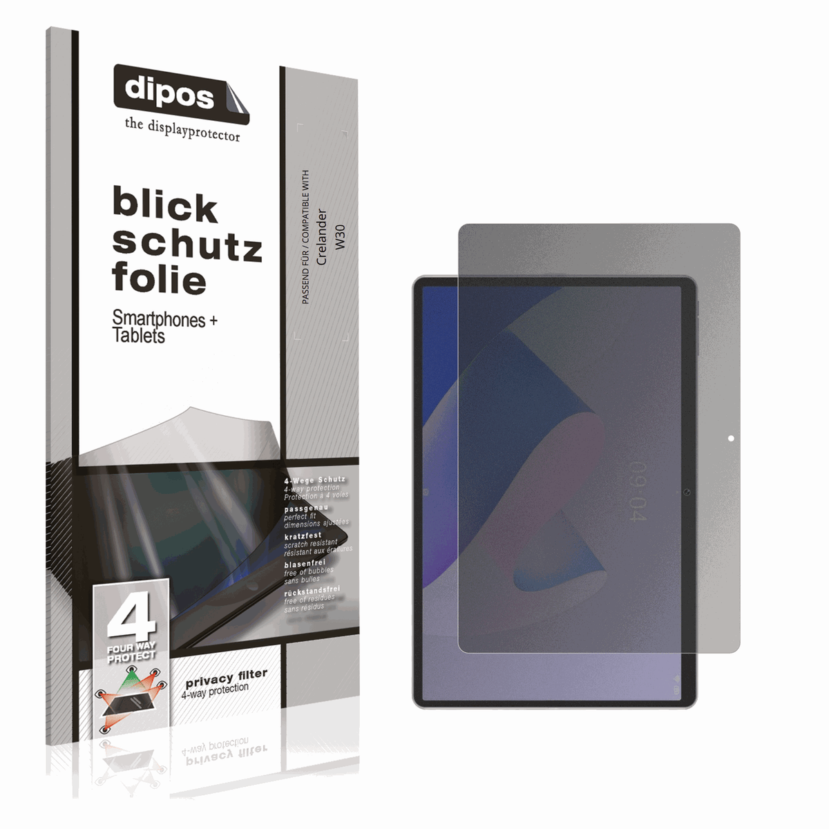 Blickschutzfolie von dipos passend für Crelander W30, präziser Zuschnitt und blasenfrei montiert