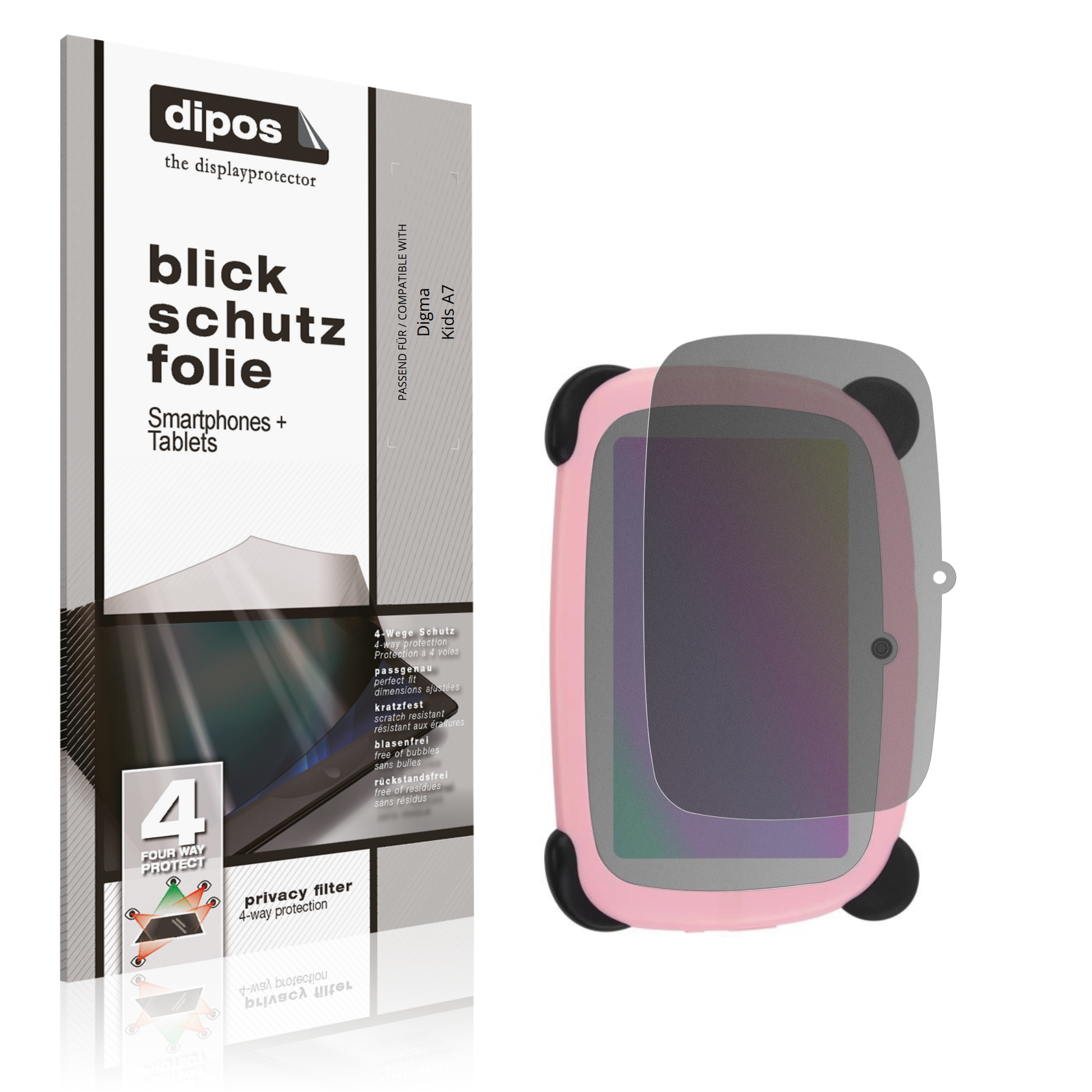 Blickschutzfolie von dipos passend für Digma Kids A7, präziser Zuschnitt und blasenfrei montiert
