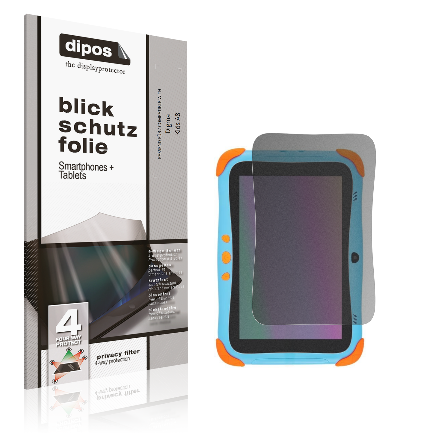 Blickschutzfolie von dipos passend für Digma Kids A8, präziser Zuschnitt und blasenfrei montiert