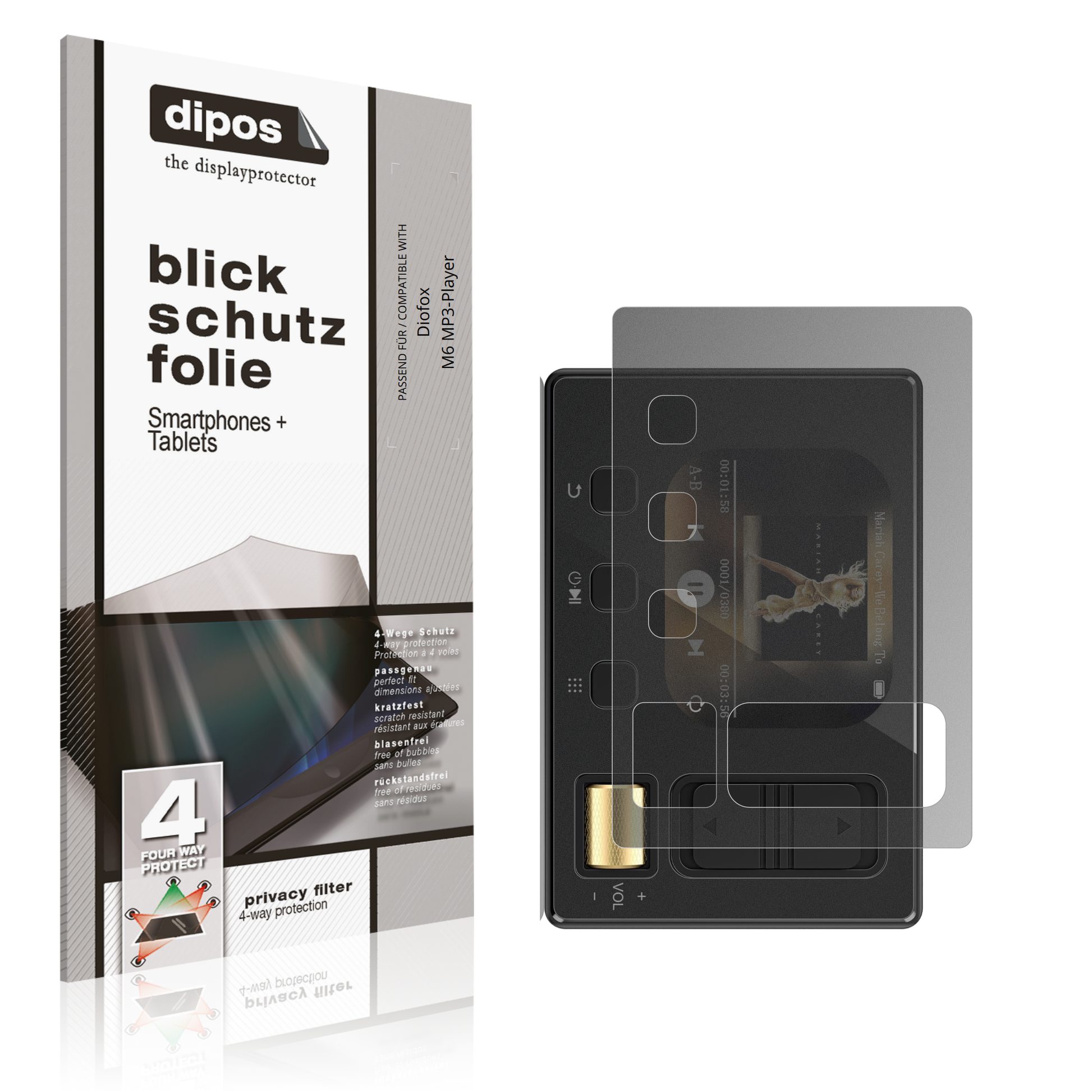 Blickschutzfolie von dipos passend für Diofox M6 MP3-Player, präziser Zuschnitt und blasenfrei montiert