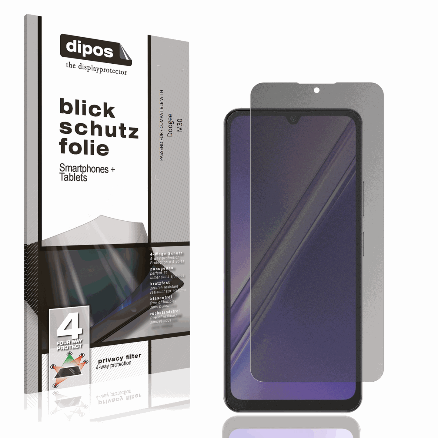 Blickschutzfolie von dipos passend für Doogee M30, präziser Zuschnitt und blasenfrei montiert