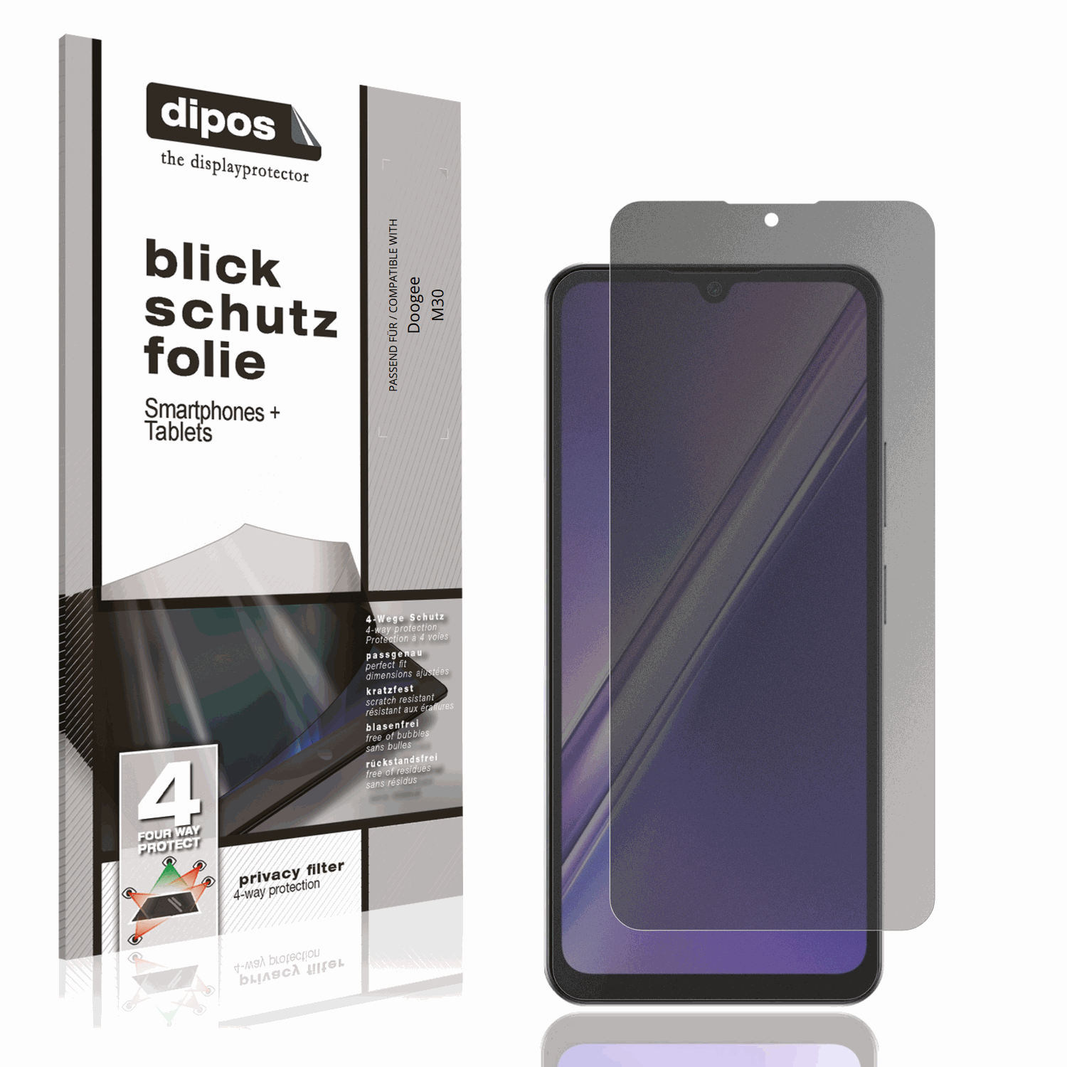 Blickschutzfolie von dipos passend für Doogee M30, präziser Zuschnitt und blasenfrei montiert