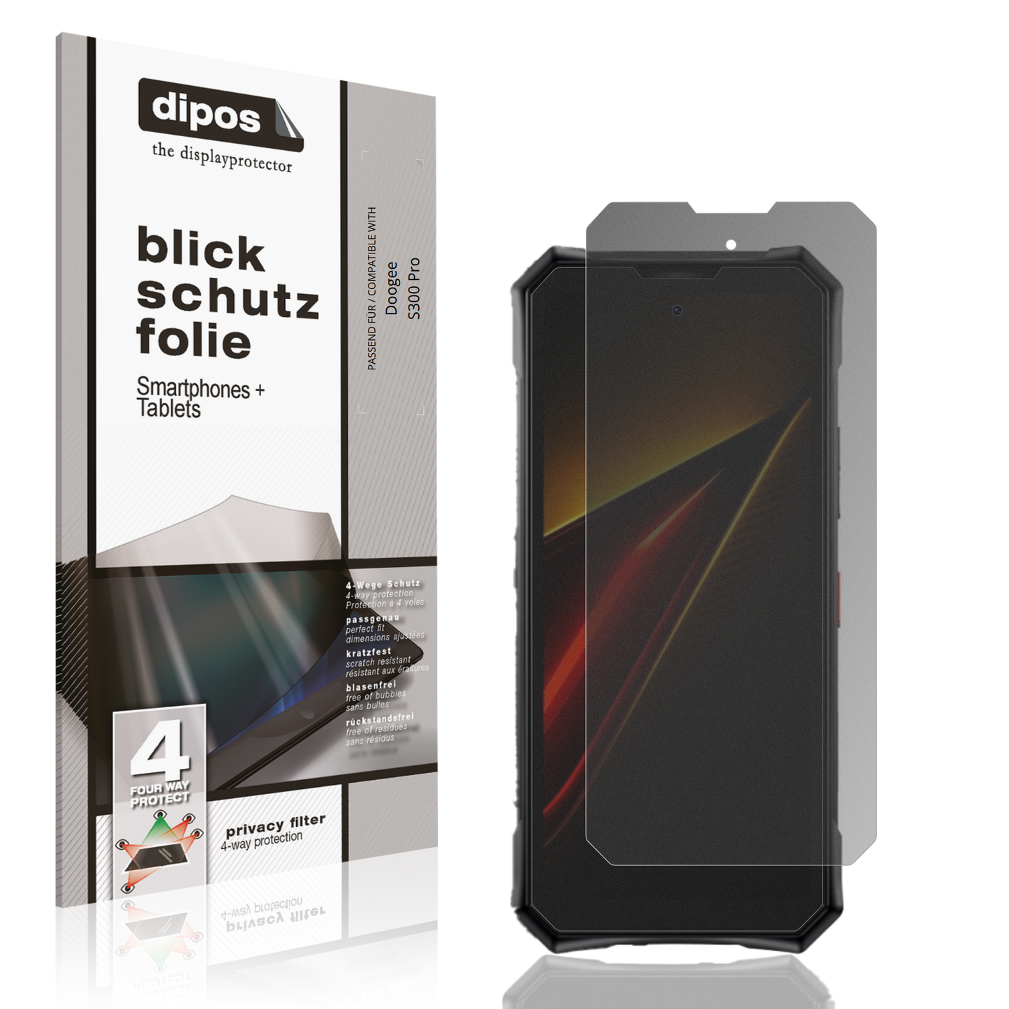Blickschutzfolie von dipos passend für Doogee S300 Pro, präziser Zuschnitt und blasenfrei montiert