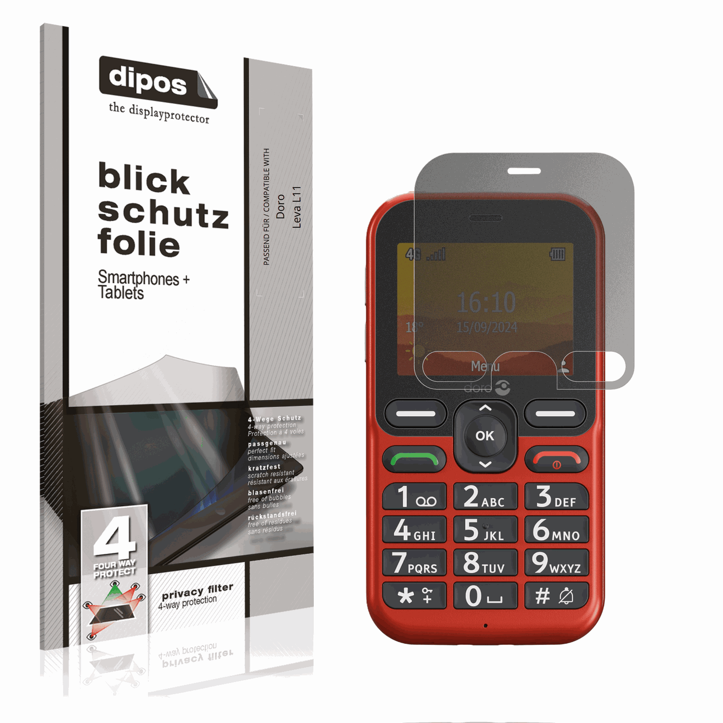 Blickschutzfolie von dipos passend für Doro Leva L11, präziser Zuschnitt und blasenfrei montiert