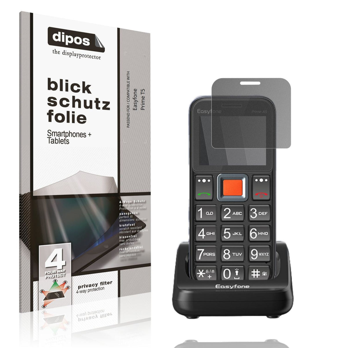 Blickschutzfolie von dipos passend für Easyfone Prime T5, präziser Zuschnitt und blasenfrei montiert
