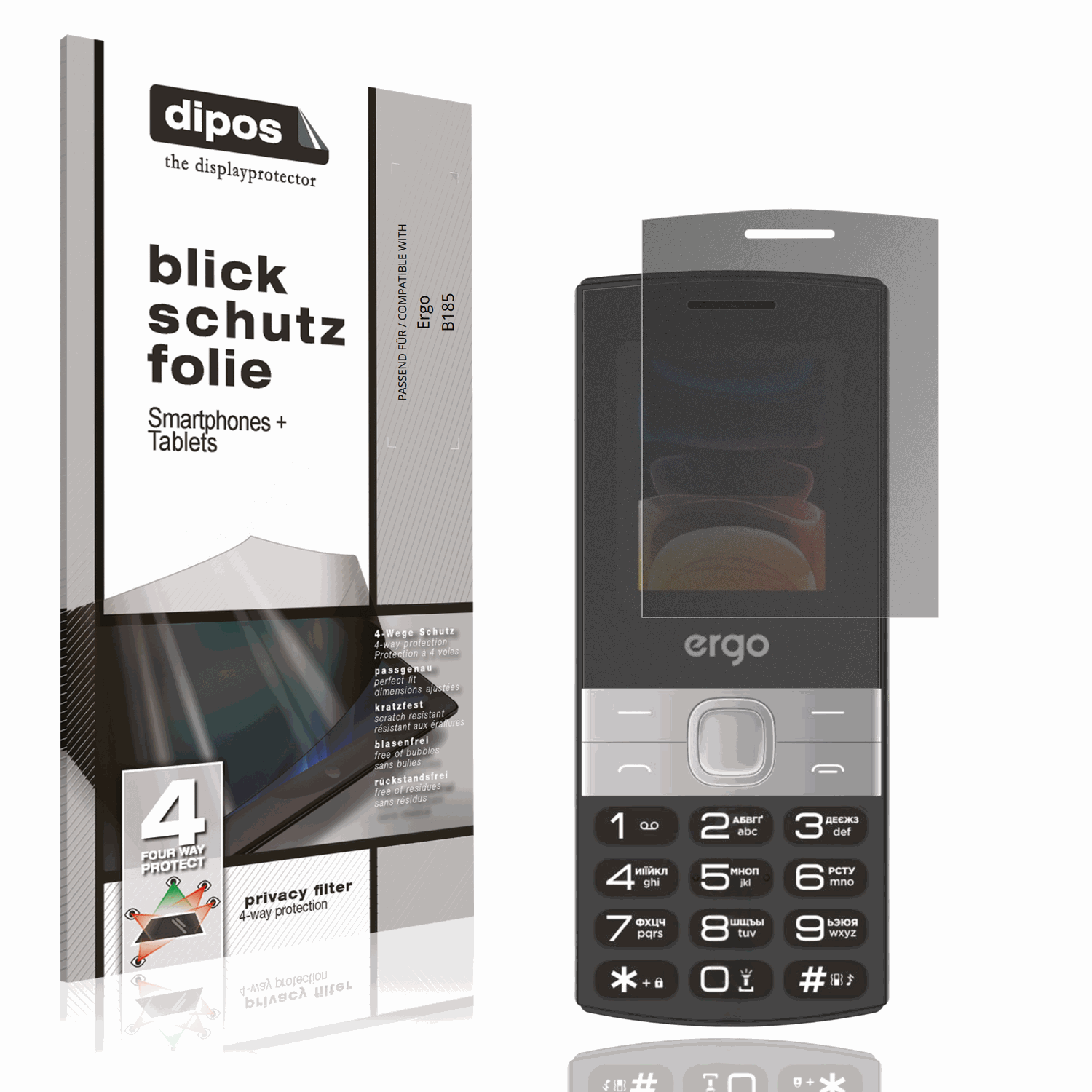 Blickschutzfolie von dipos passend für Ergo B185, präziser Zuschnitt und blasenfrei montiert