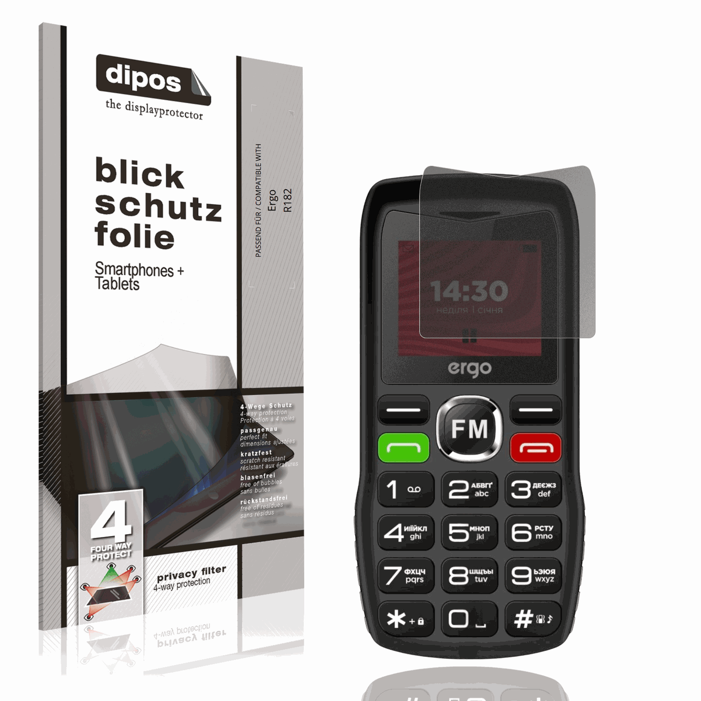 Blickschutzfolie von dipos passend für Ergo R182, präziser Zuschnitt und blasenfrei montiert