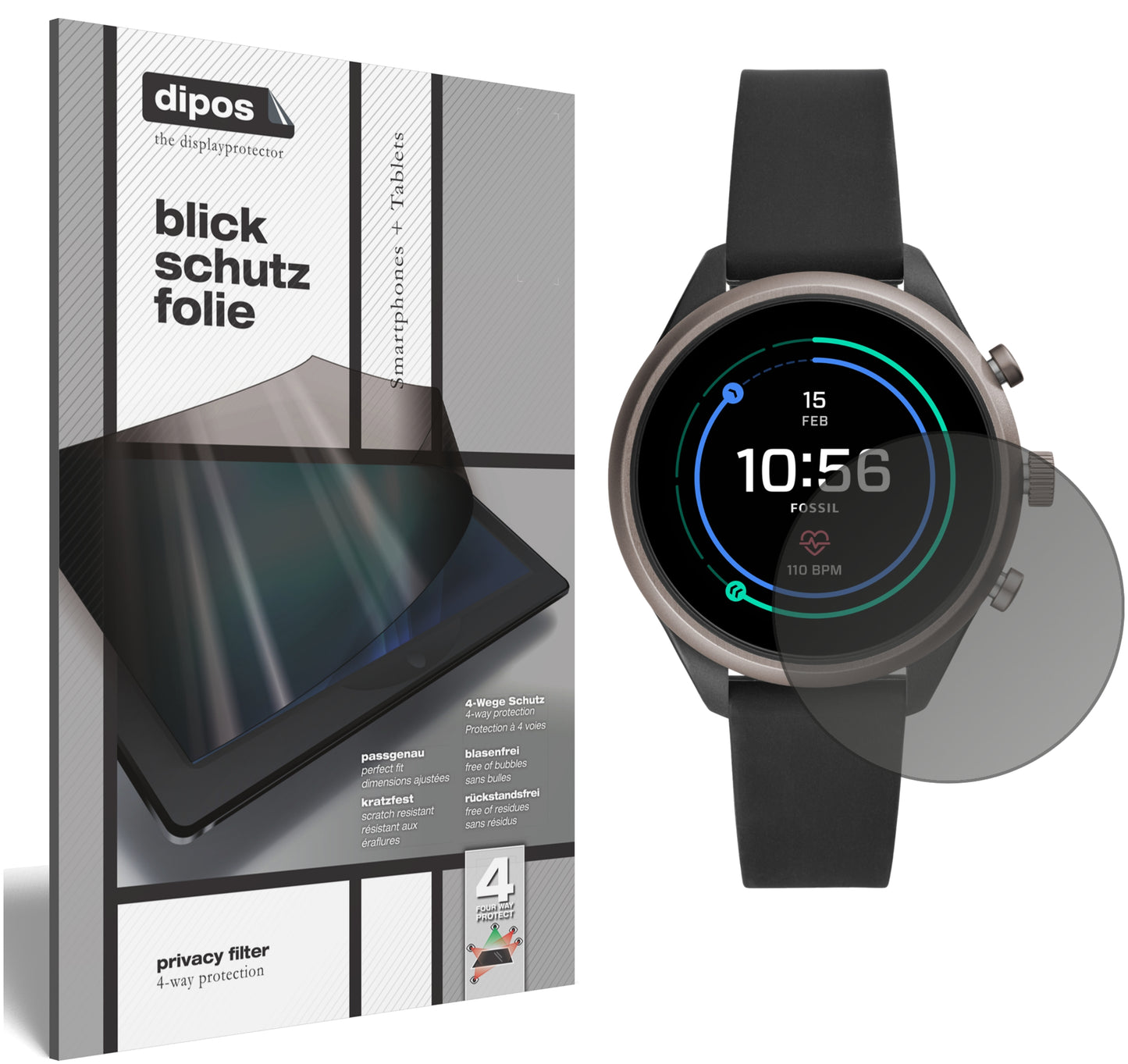 Blickschutzfolie von dipos passend für Fossil Sport Smartwatch, präziser Zuschnitt und blasenfrei montiert
