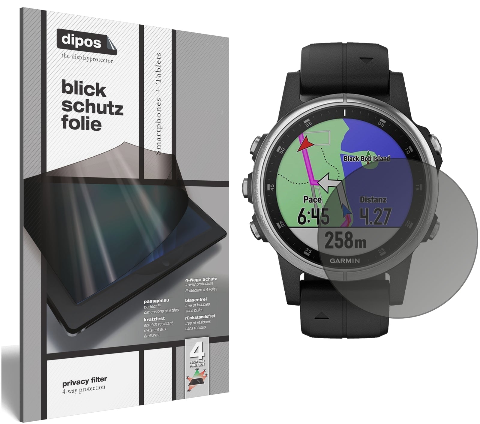 Blickschutzfolie von dipos passend für Garmin fenix 5s Plus (42mm), präziser Zuschnitt und blasenfrei montiert