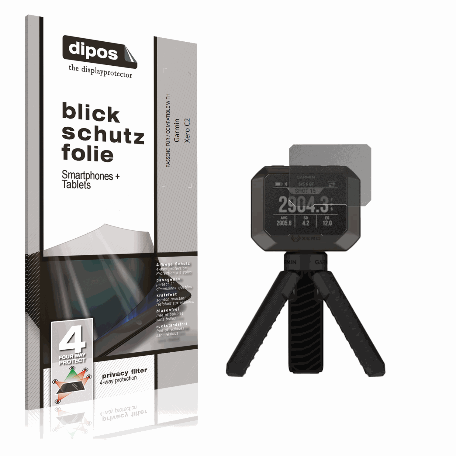 Blickschutzfolie von dipos passend für Garmin Xero C2, präziser Zuschnitt und blasenfrei montiert
