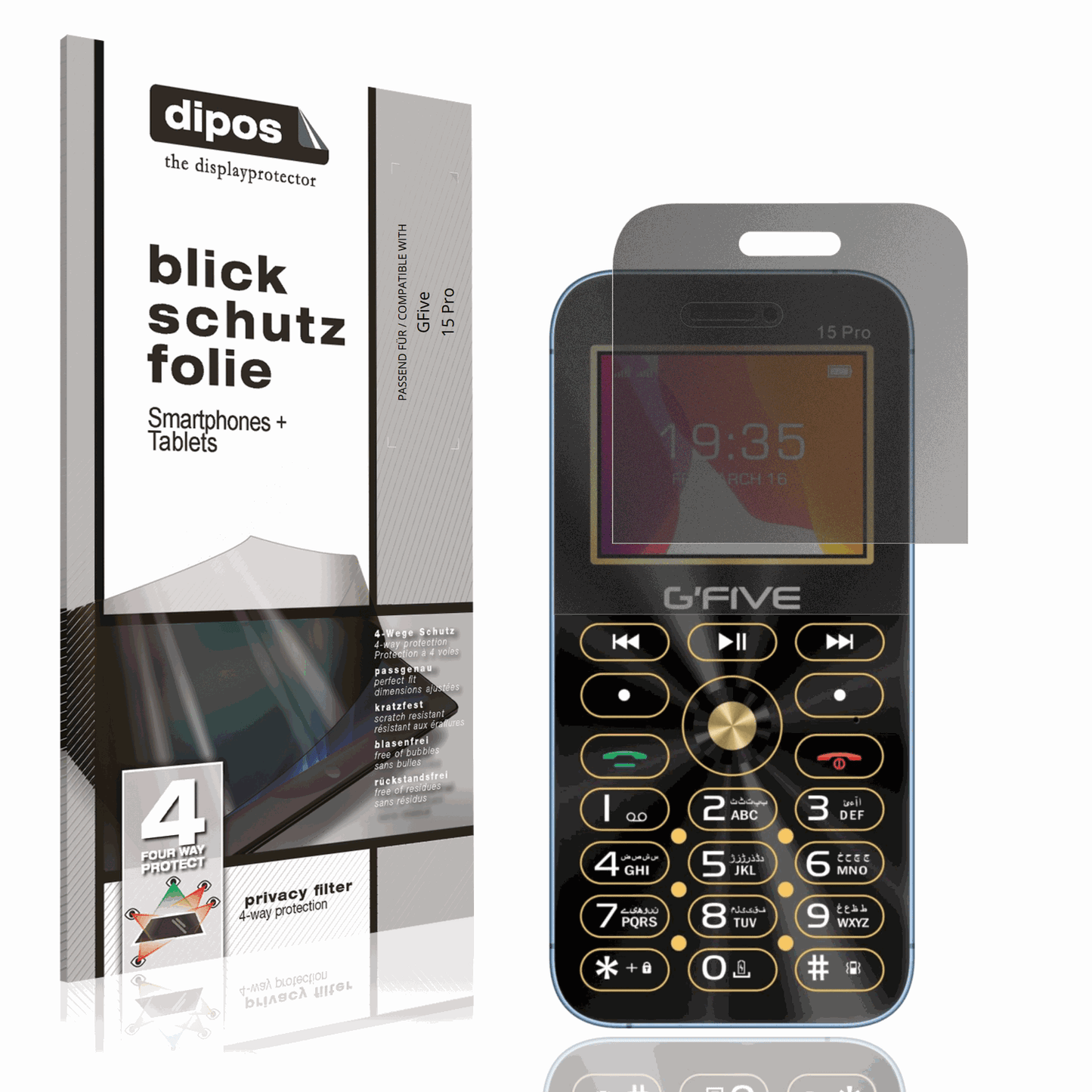 Blickschutzfolie von dipos passend für GFive 15 Pro, präziser Zuschnitt und blasenfrei montiert