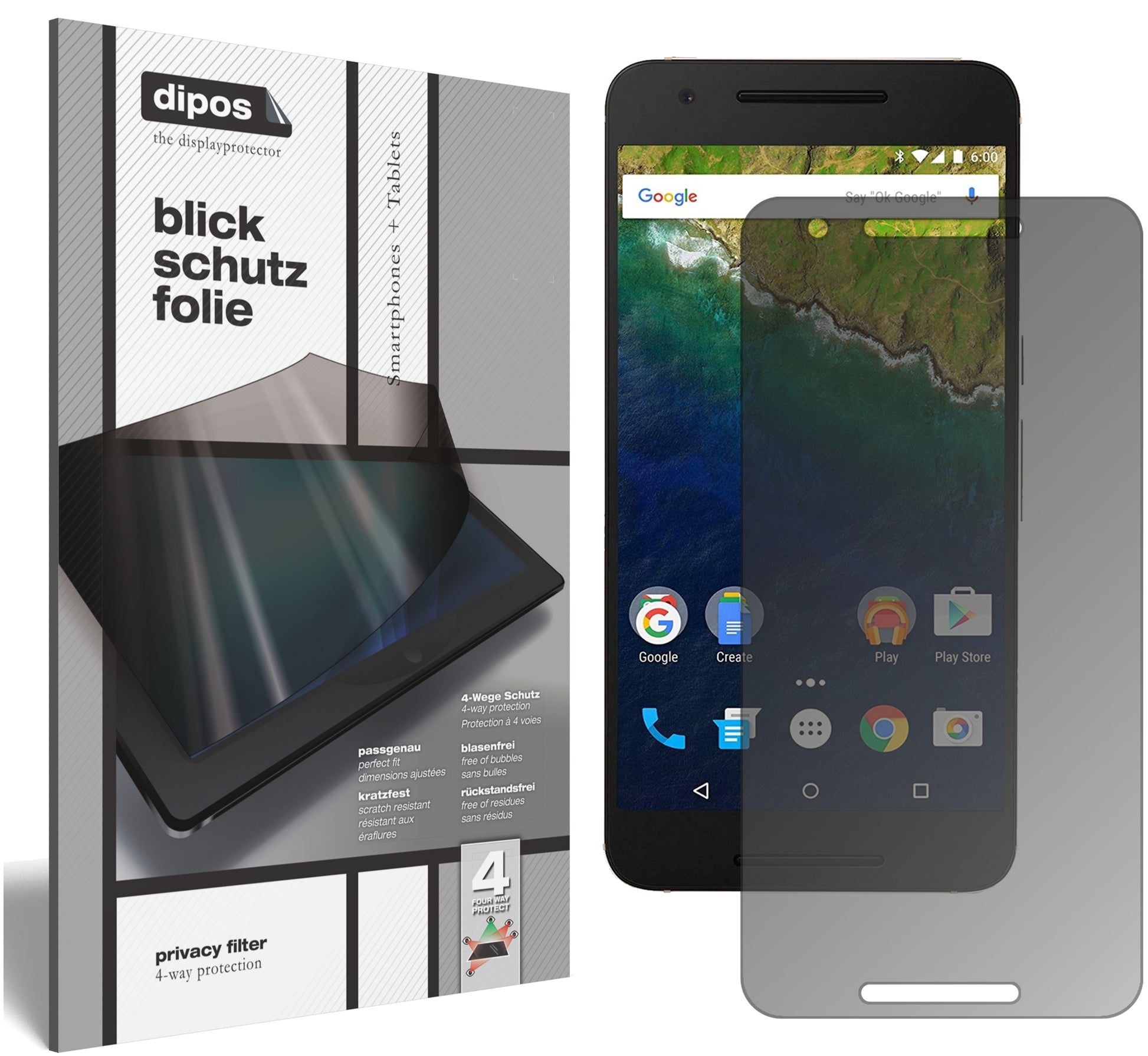 Blickschutzfolie von dipos passend für Google Nexus 6P, präziser Zuschnitt und blasenfrei montiert