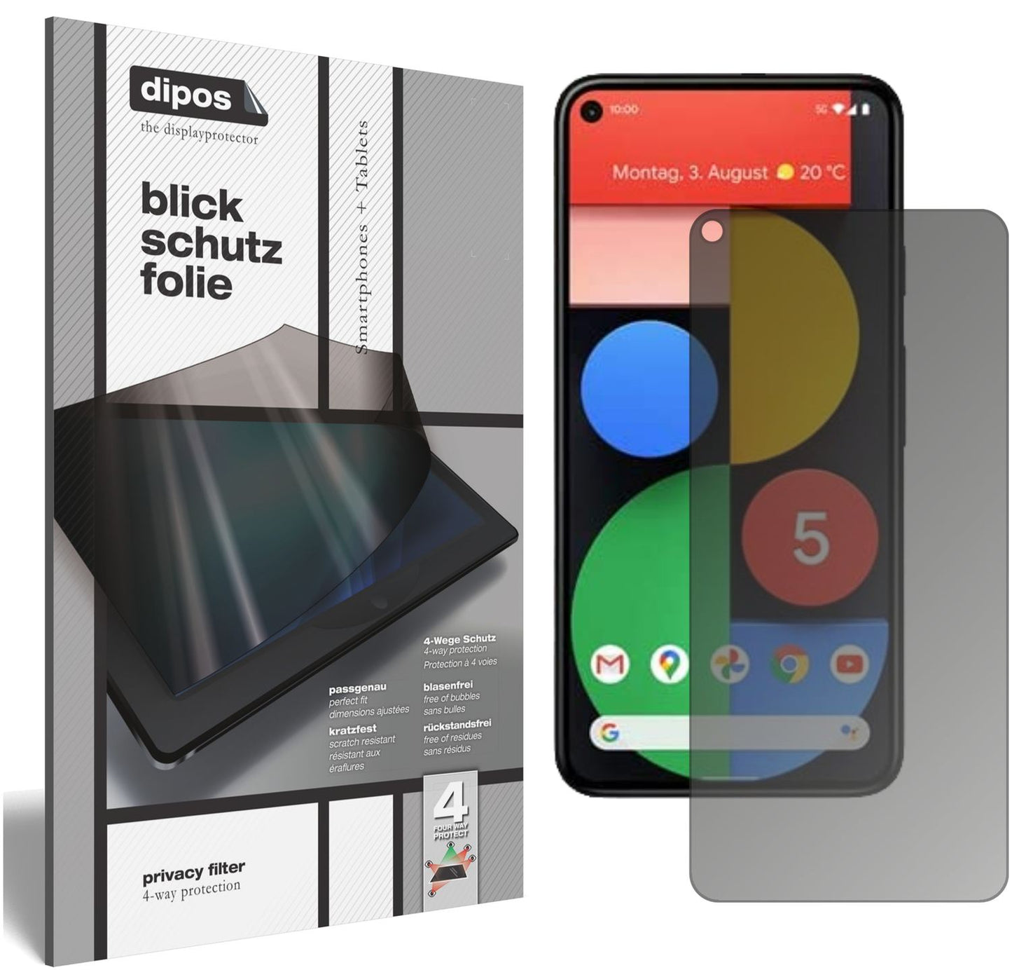 Blickschutzfolie von dipos passend für Google Pixel 5, präziser Zuschnitt und blasenfrei montiert