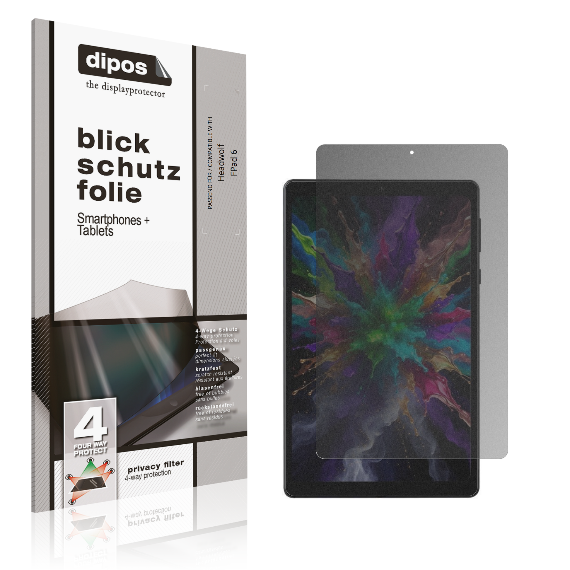 Blickschutzfolie von dipos passend für Headwolf FPad 6, präziser Zuschnitt und blasenfrei montiert