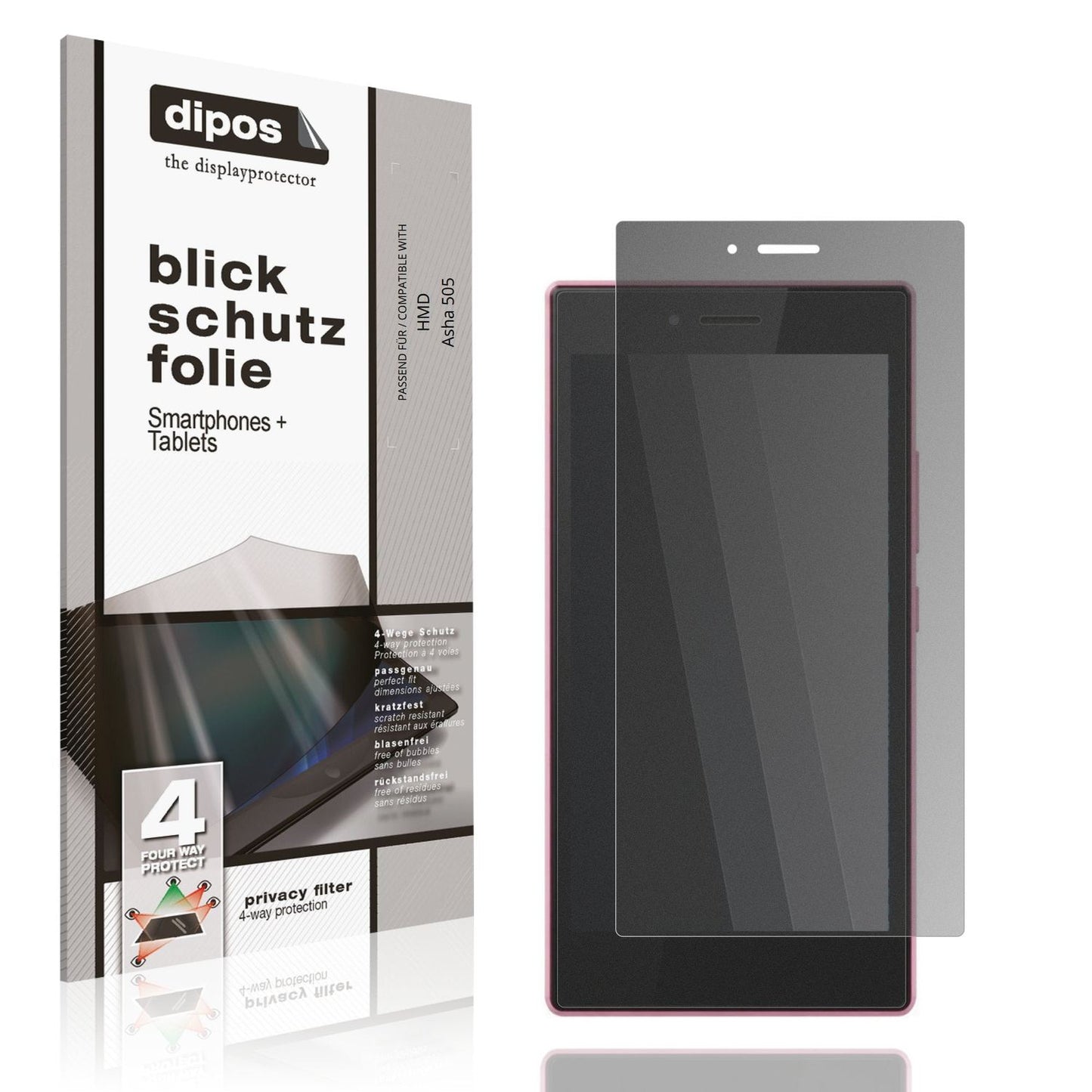 Blickschutzfolie von dipos passend für HMD Asha 505, präziser Zuschnitt und blasenfrei montiert