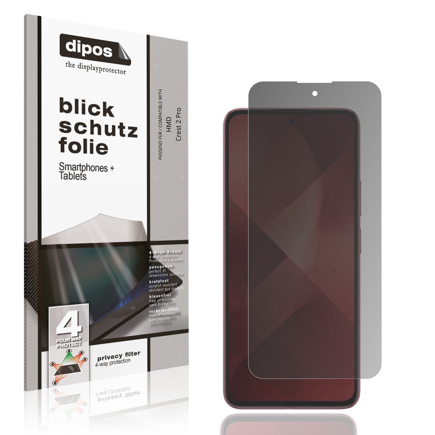 Blickschutzfolie von dipos passend für HMD Crest 2 Pro, präziser Zuschnitt und blasenfrei montiert