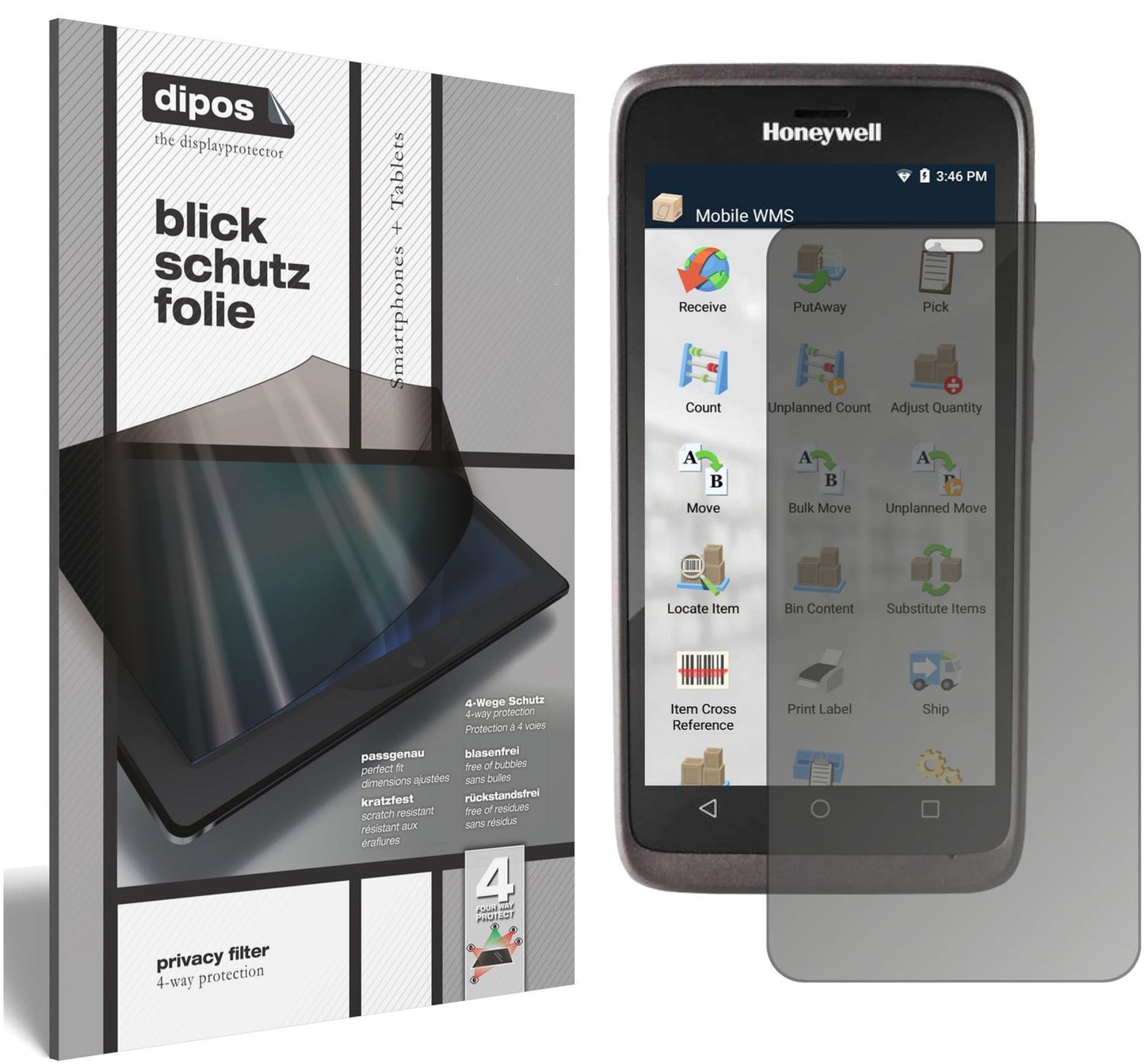 Blickschutzfolie von dipos passend für Honeywell EDA51, präziser Zuschnitt und blasenfrei montiert