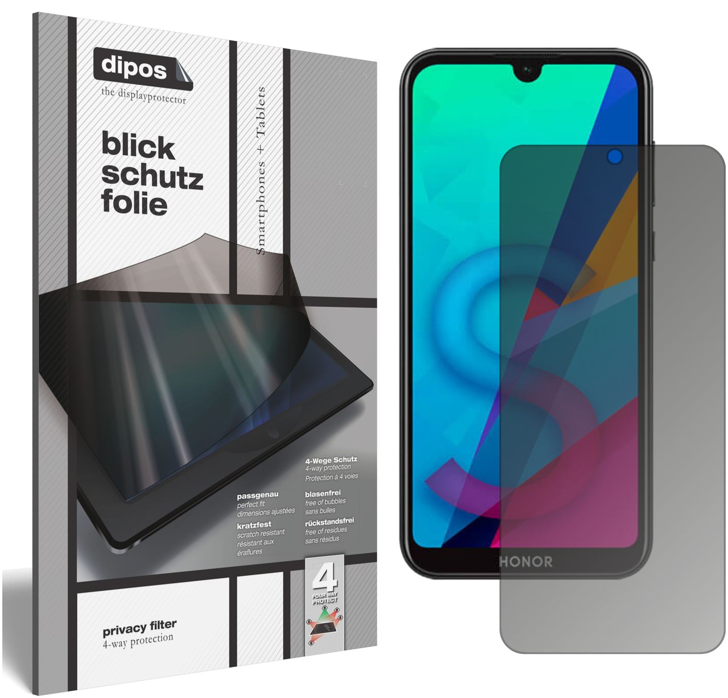 Blickschutzfolie von dipos passend für Honor 8S, präziser Zuschnitt und blasenfrei montiert