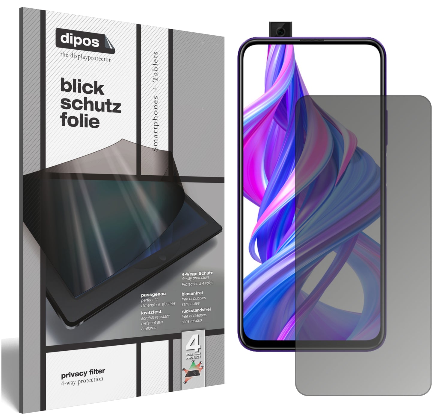 Blickschutzfolie von dipos passend für Huawei Y9s, präziser Zuschnitt und blasenfrei montiert