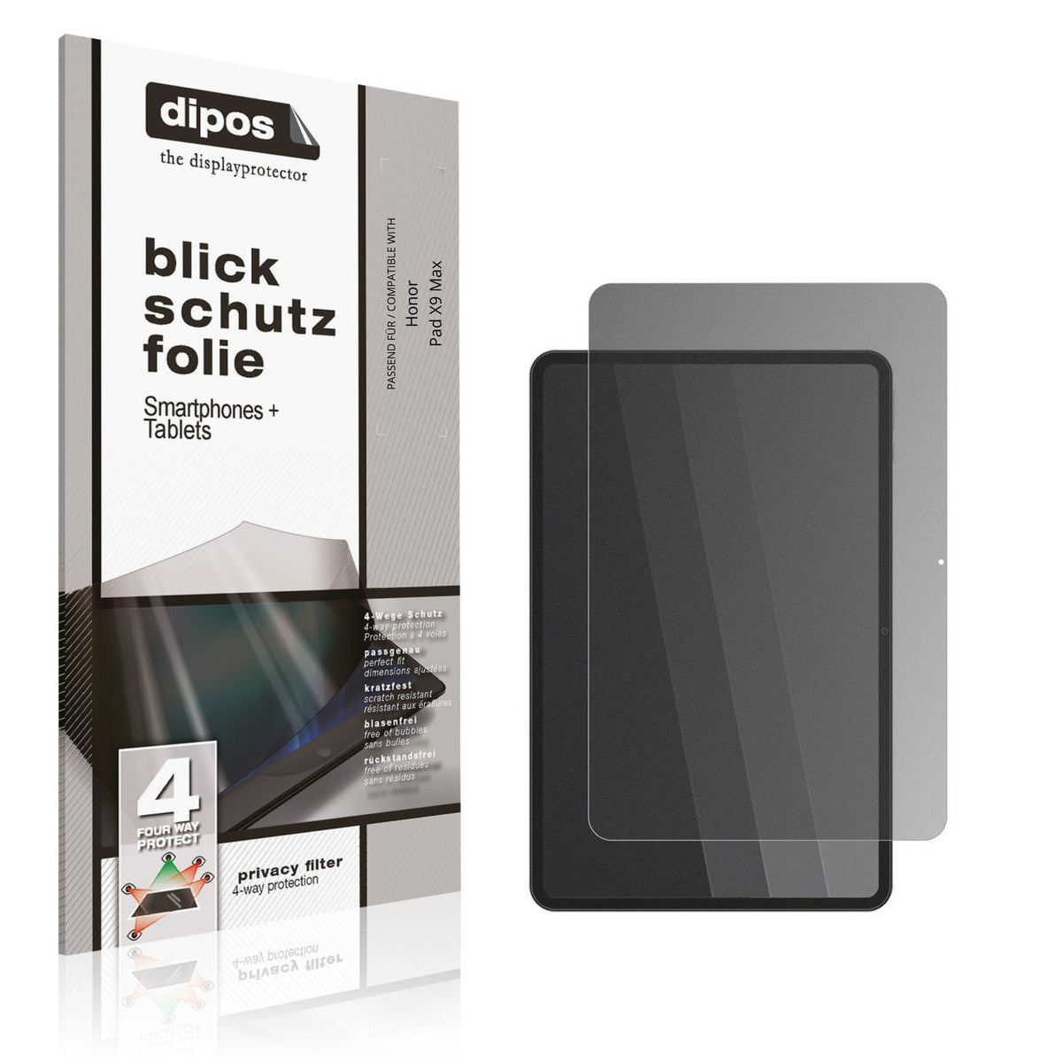 Blickschutzfolie von dipos passend für Honor Pad X9 Max, präziser Zuschnitt und blasenfrei montiert