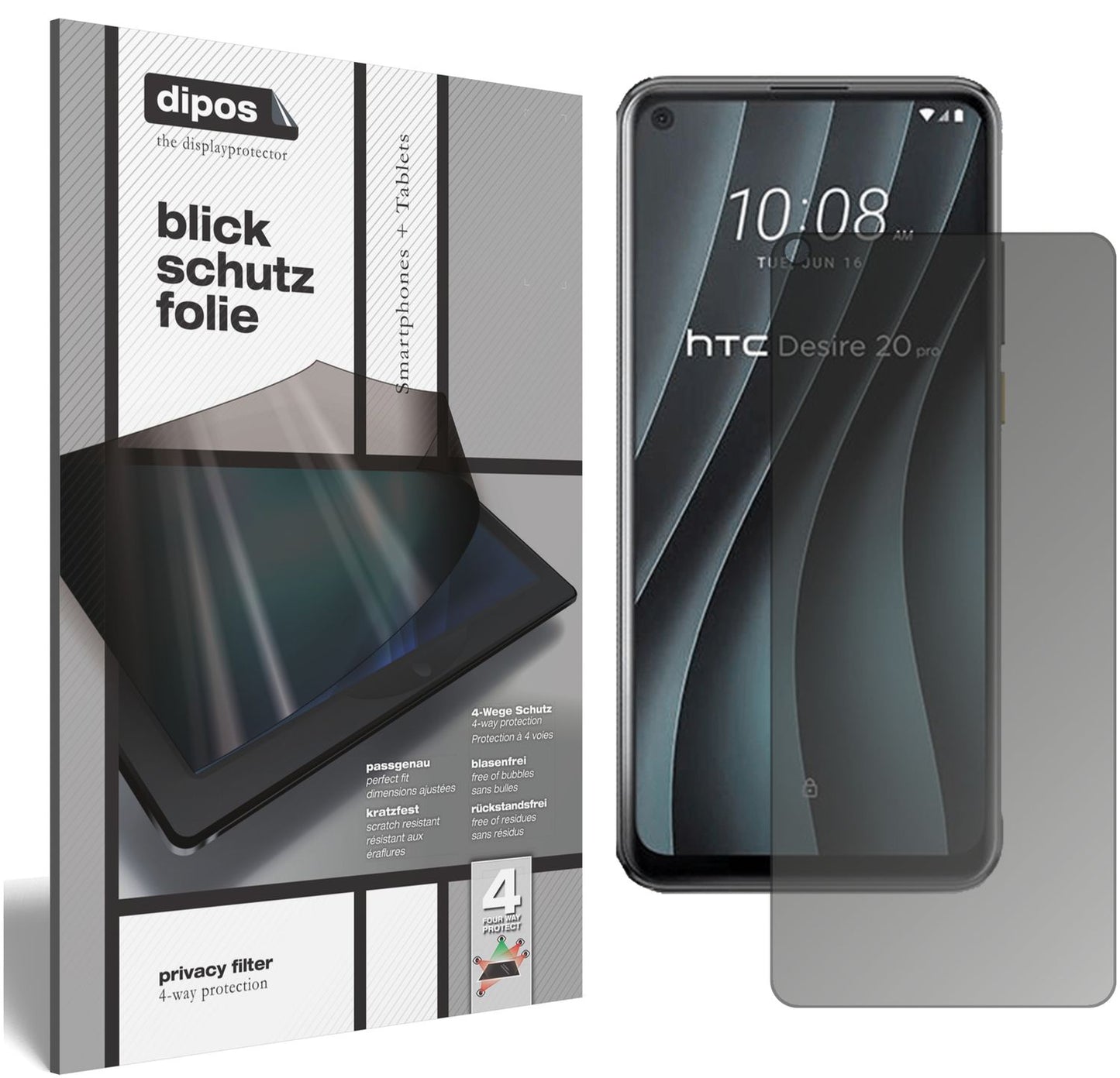 Blickschutzfolie von dipos passend für HTC Desire 20 Pro, präziser Zuschnitt und blasenfrei montiert