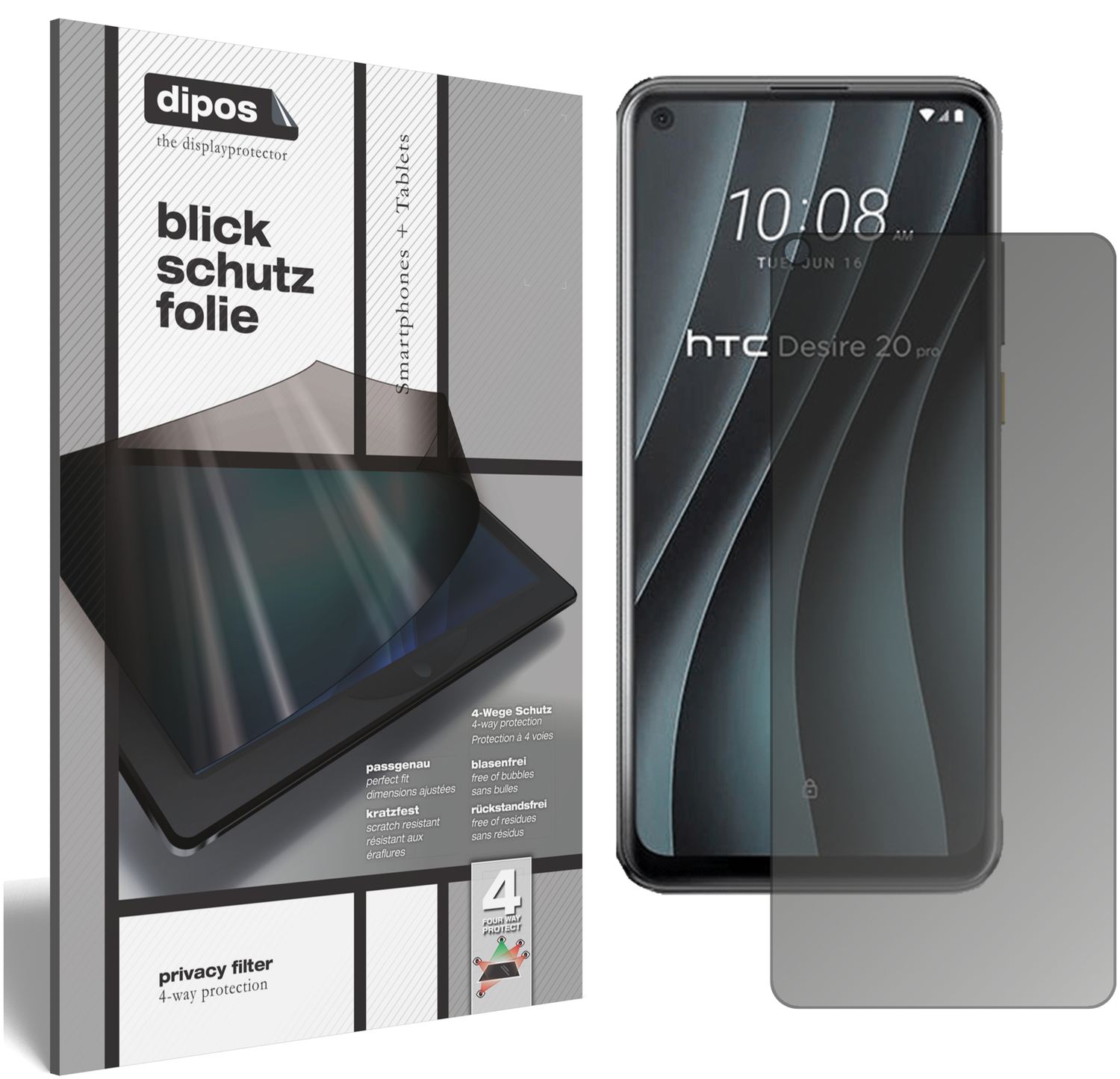 Blickschutzfolie von dipos passend für HTC Desire 20 Pro, präziser Zuschnitt und blasenfrei montiert