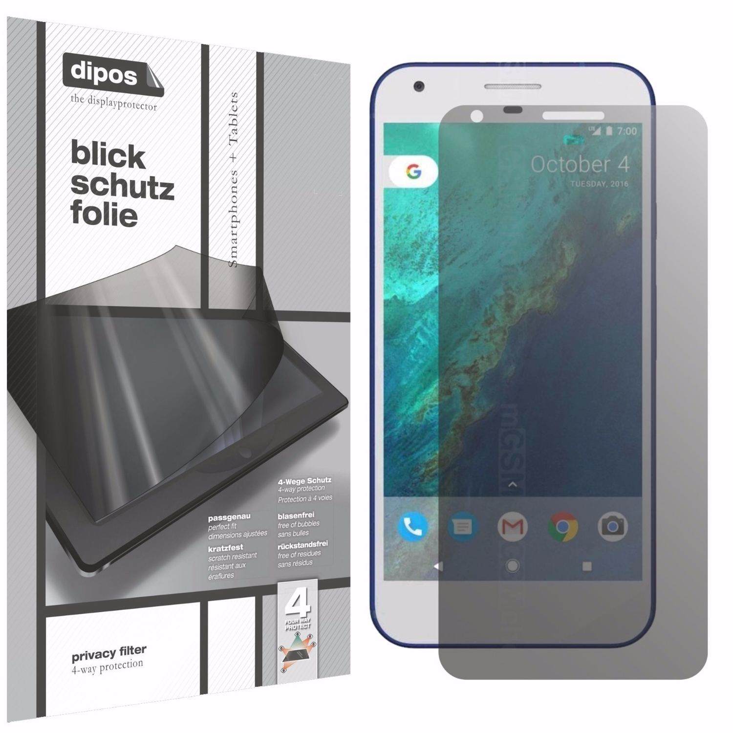 Blickschutzfolie von dipos passend für HTC Pixel XL, präziser Zuschnitt und blasenfrei montiert