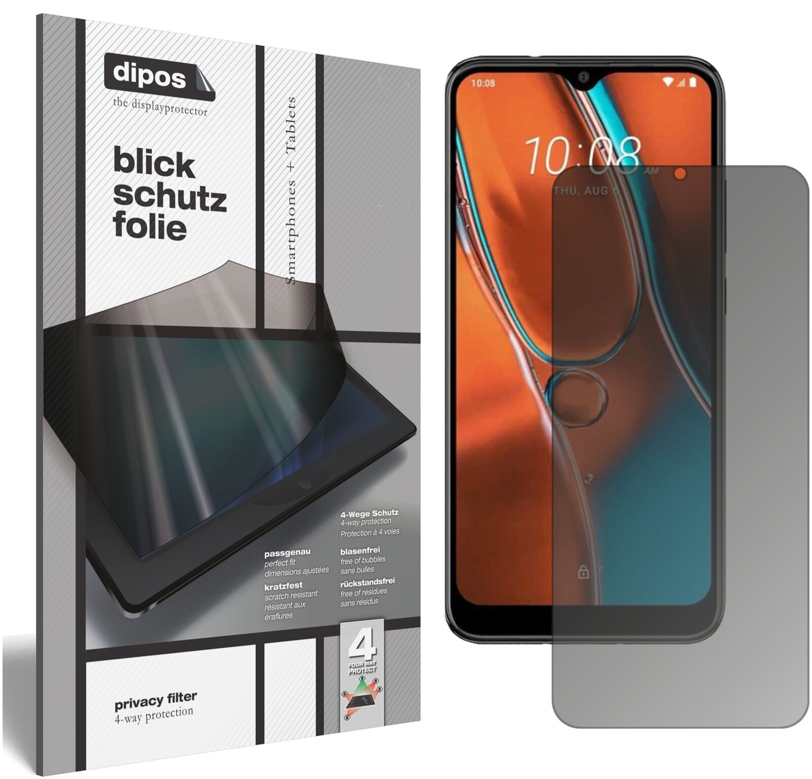 Blickschutzfolie von dipos passend für HTC Wildfire E2, präziser Zuschnitt und blasenfrei montiert