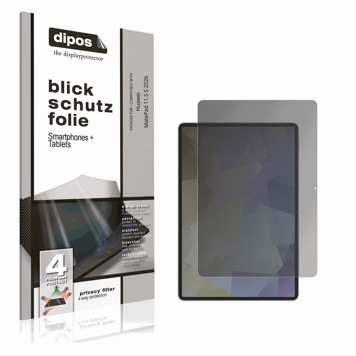 Blickschutzfolie von dipos passend f�r Huawei MatePad 11.5 S 2026, pr�ziser Zuschnitt und blasenfrei montiert