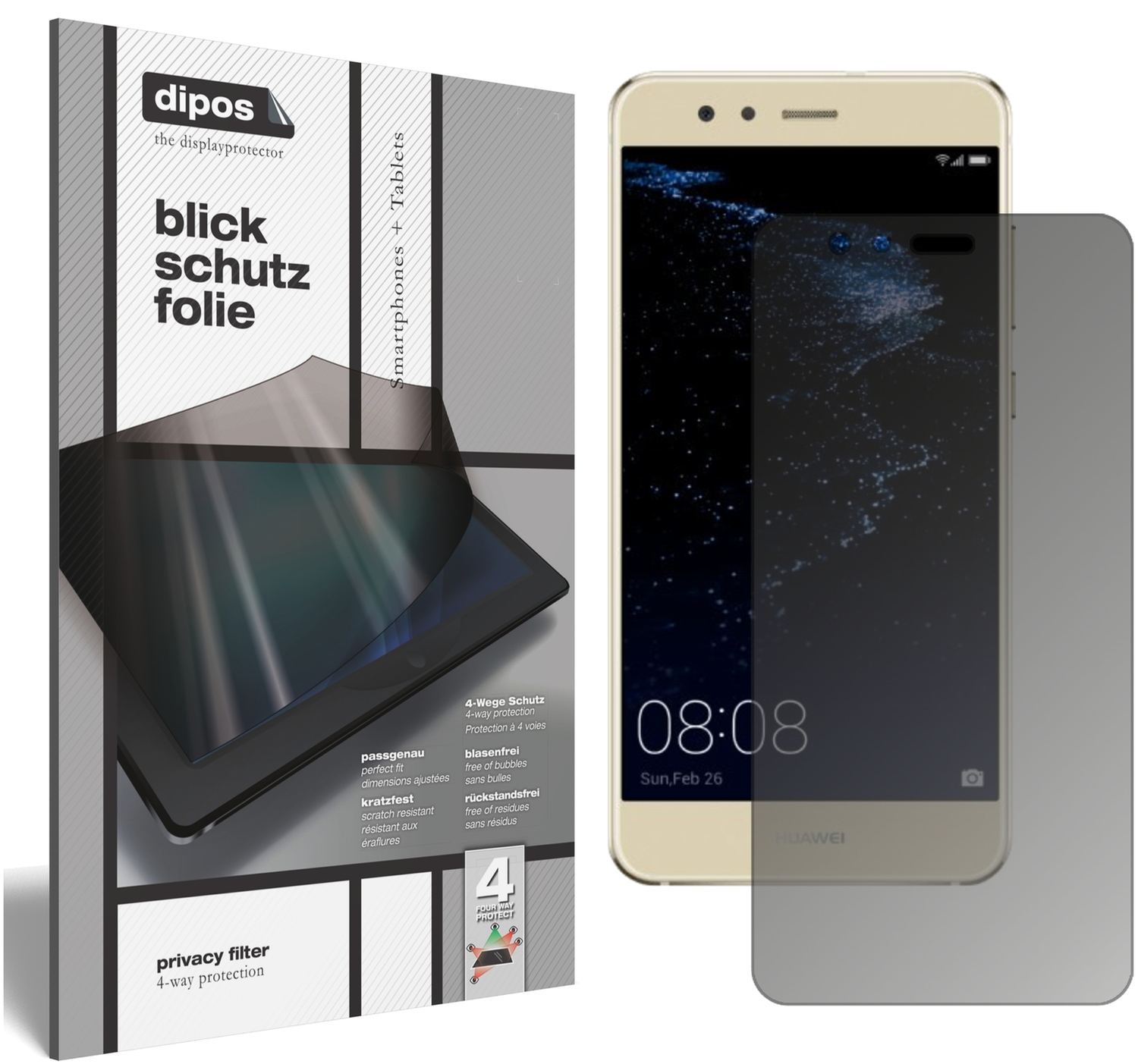 Blickschutzfolie von dipos passend für Huawei P10 Lite, präziser Zuschnitt und blasenfrei montiert