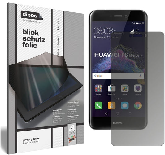Blickschutzfolie von dipos passend für Huawei P8 Lite2017, präziser Zuschnitt und blasenfrei montiert