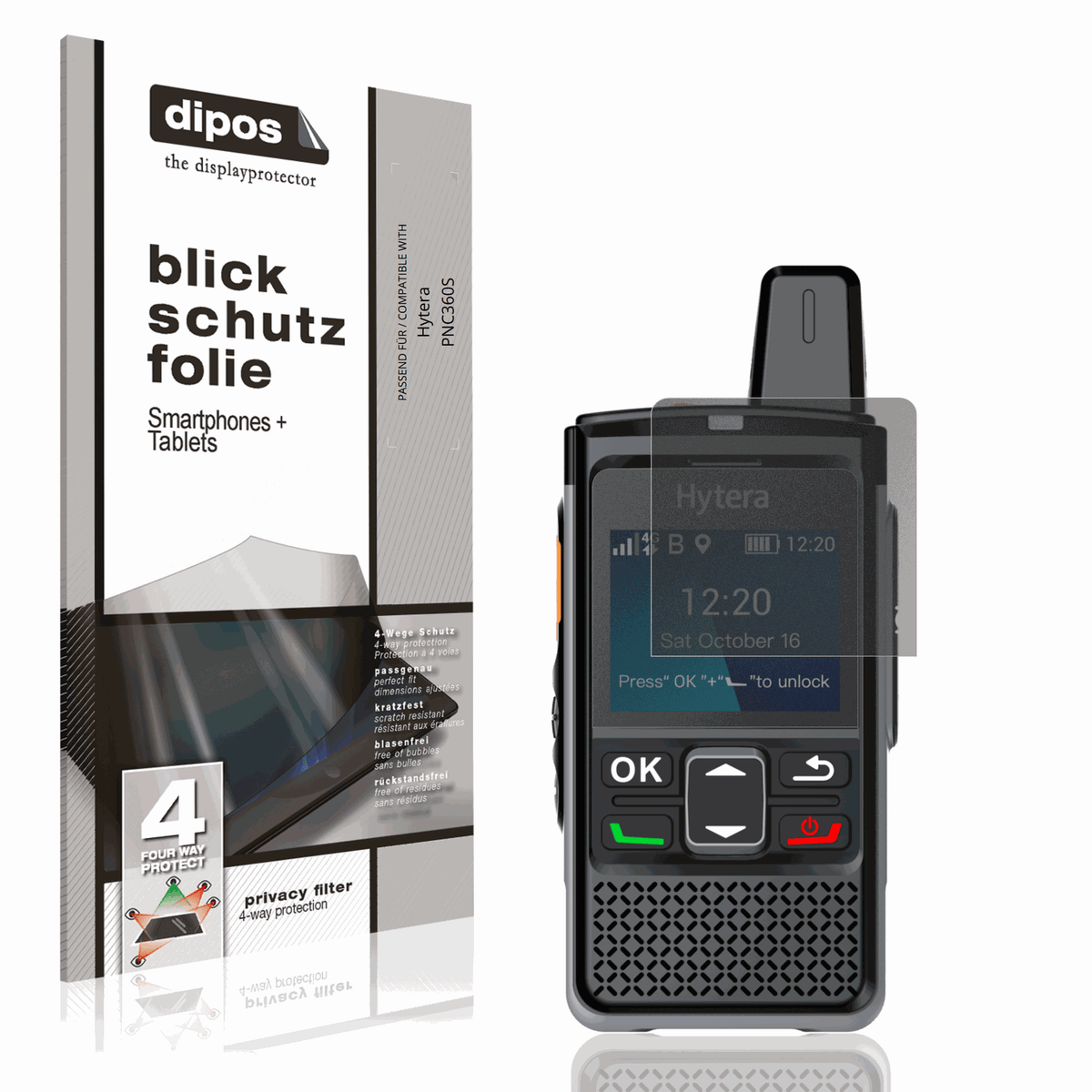 Blickschutzfolie von dipos passend f�r Hytera PNC360S, pr�ziser Zuschnitt und blasenfrei montiert